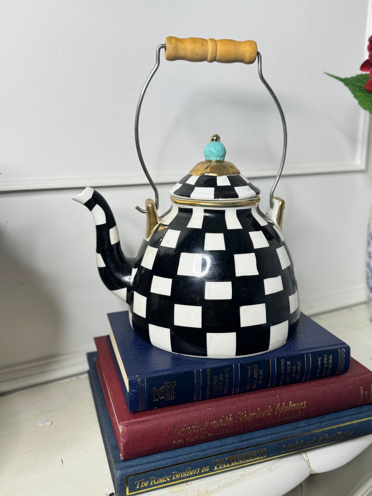 Black & White Checked Ceramic Teapot – Inspired by MacKenzie-Childs Courtly Check – 1.5L Harlequin Tea Pot