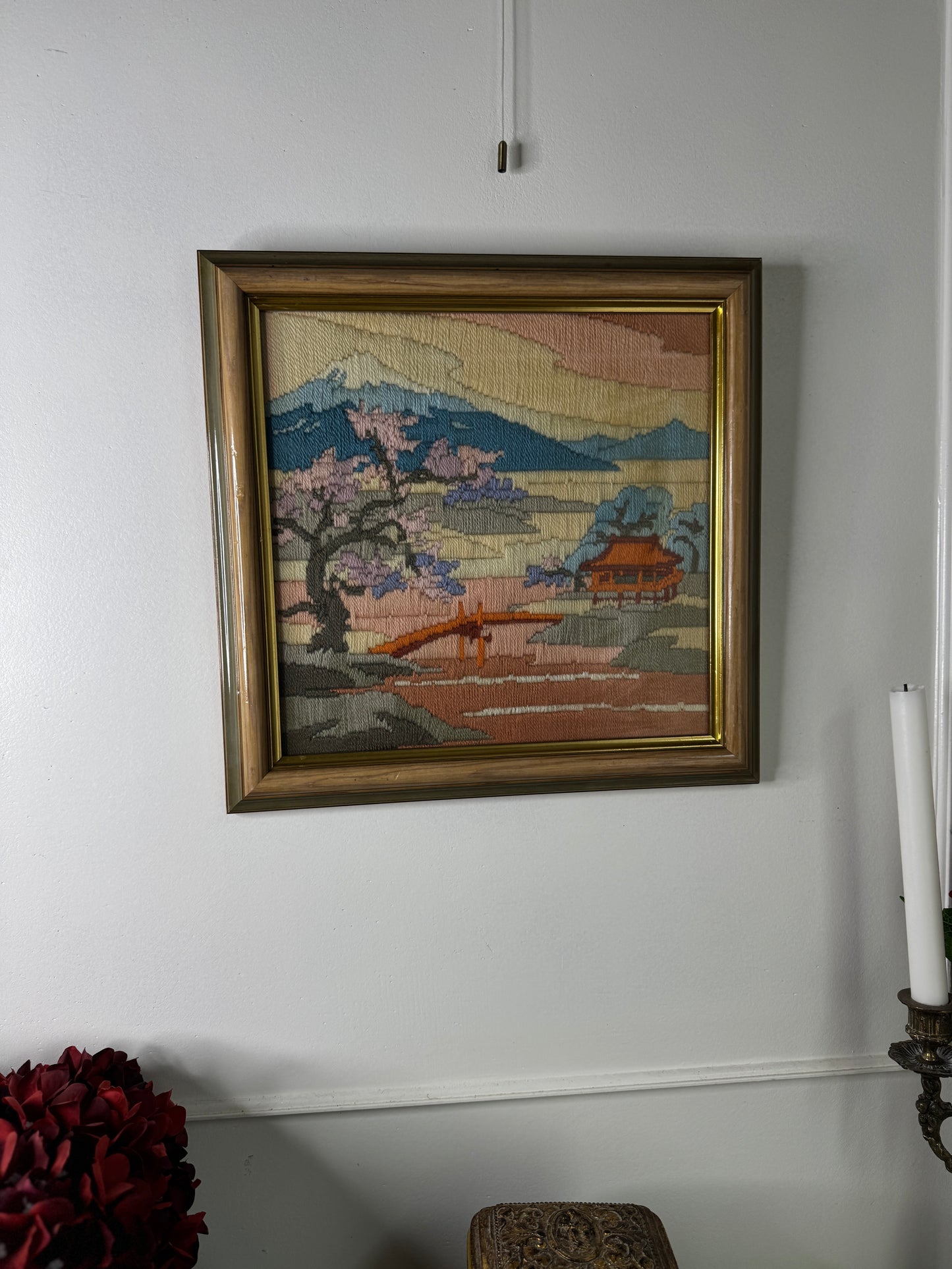 Vintage Heavy Embroidery “Mimosa” in Unique Wooden Frame
