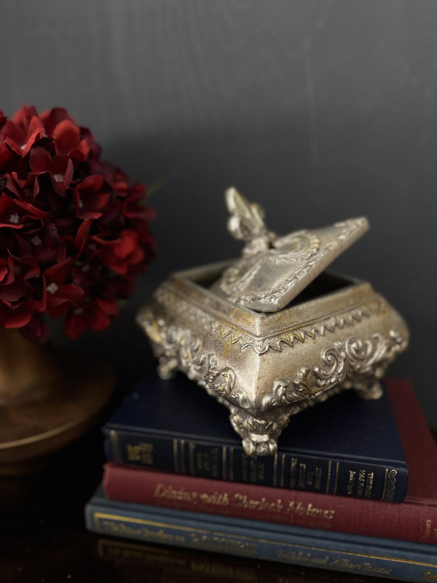 Vintage Silver Plated Wooden Ring and Storage Box for Keepsakes
