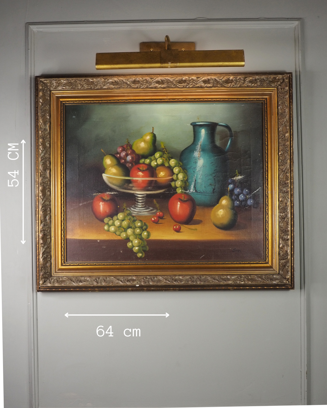 Mid Century European Still Life Oil Painting Fruit Bowl Blue Pitcher Framed Vintage 1960s
