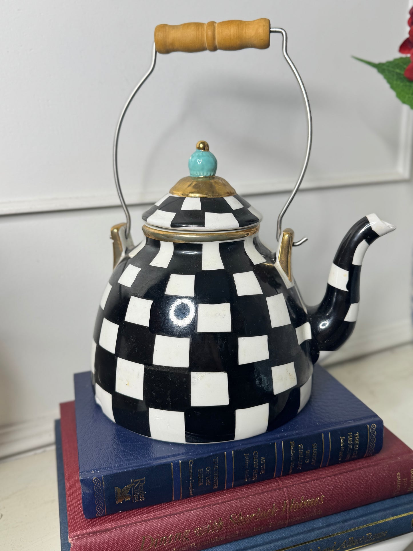 Black & White Checked Ceramic Teapot – Inspired by MacKenzie-Childs Courtly Check – 1.5L Harlequin Tea Pot