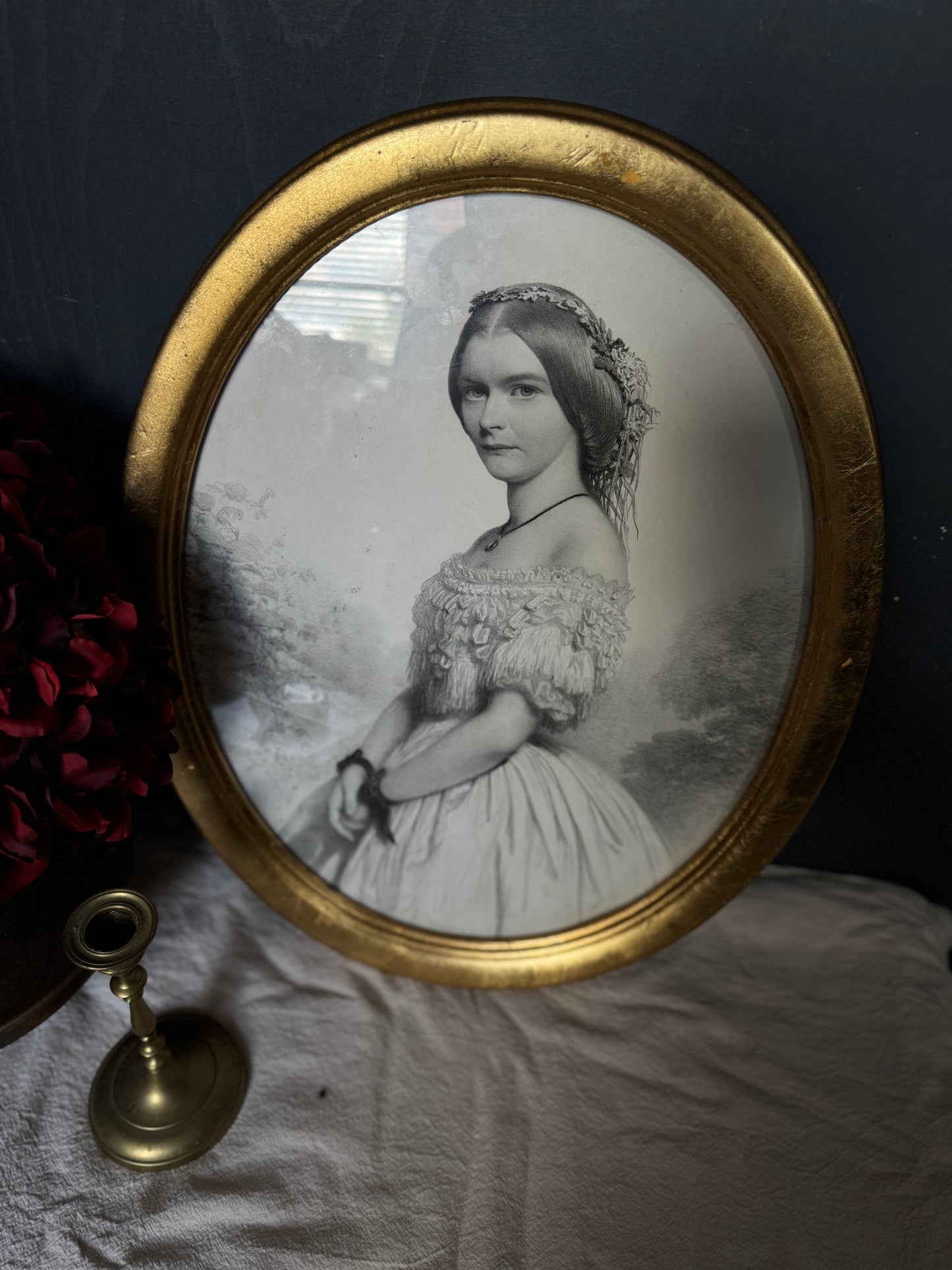 Victorian 1859 Engraving in Gold Oval Gilt Frame with Handwritten Note