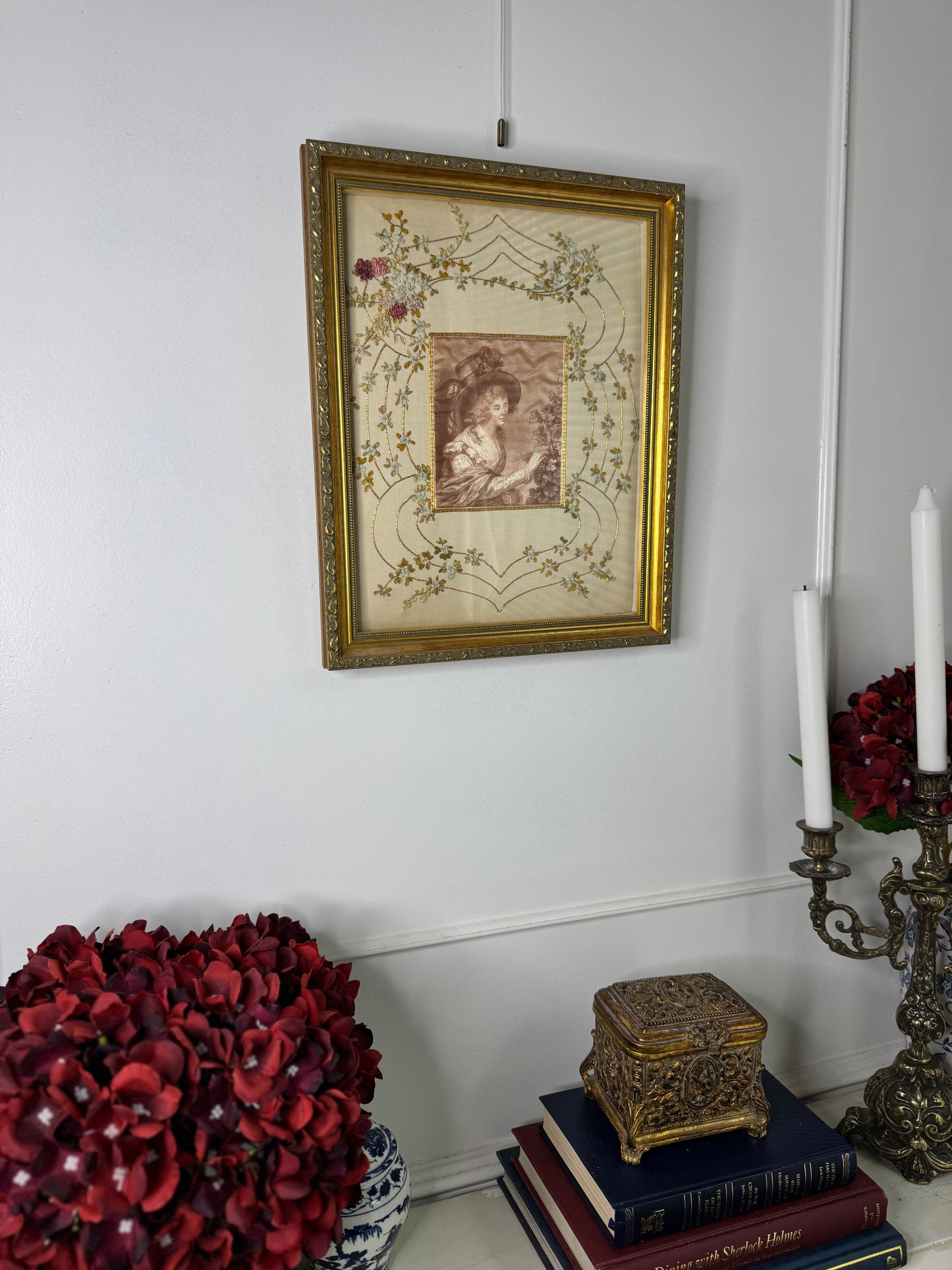 Antique Padded Silk-on-Silk Embroidery on Board in Ornate Gold Gilt Frame