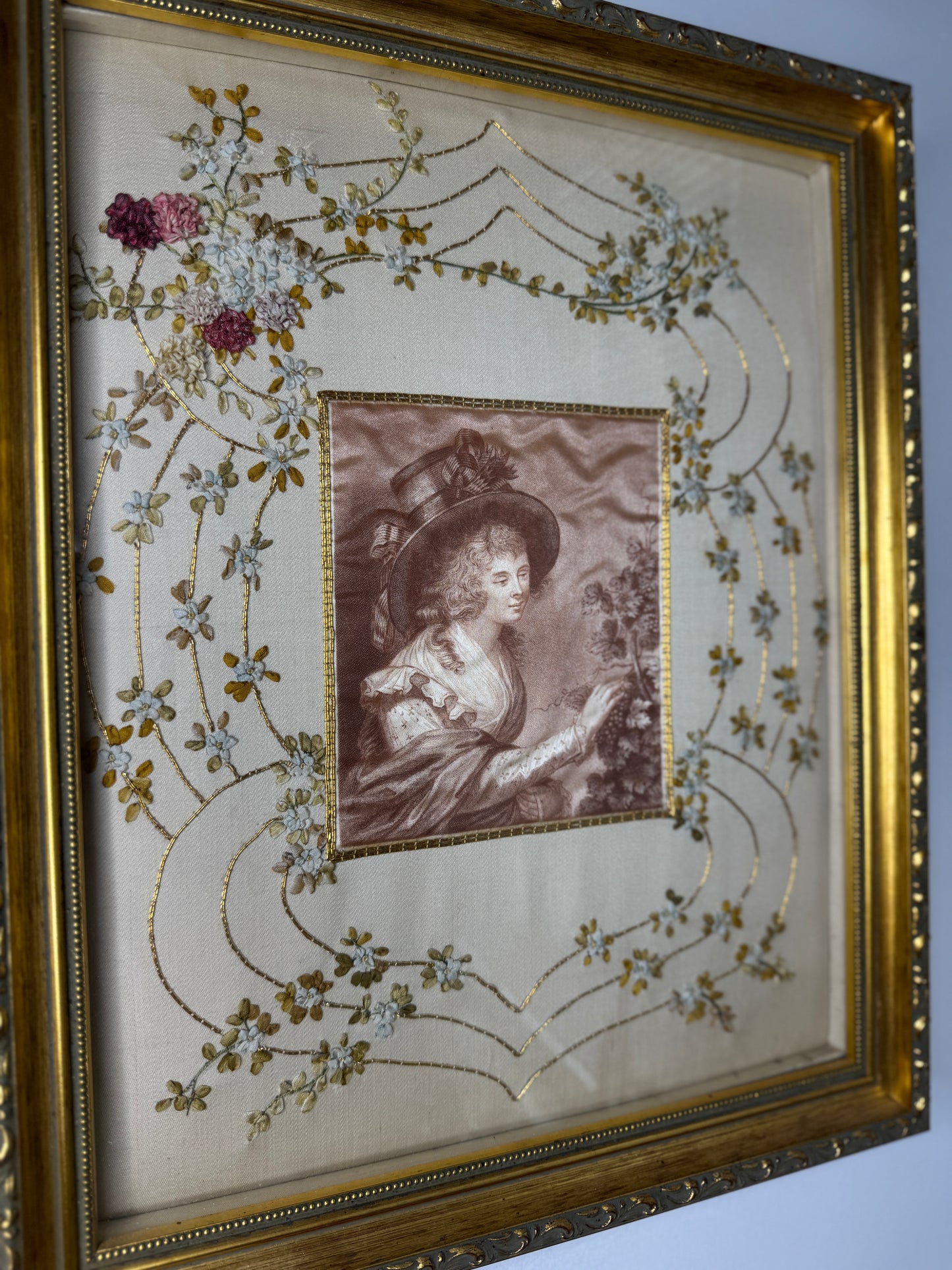 Antique Padded Silk-on-Silk Embroidery on Board in Ornate Gold Gilt Frame