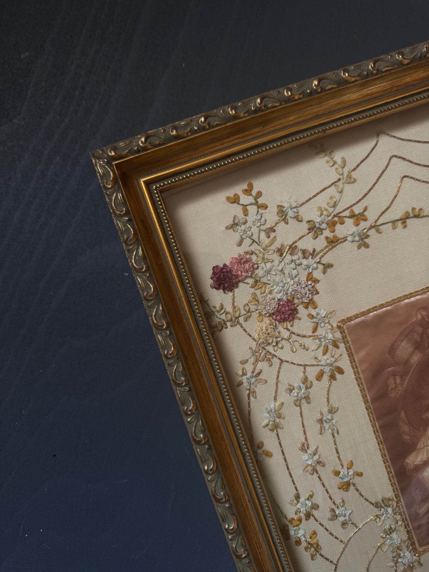 Antique Padded Silk-on-Silk Embroidery on Board in Ornate Gold Gilt Frame