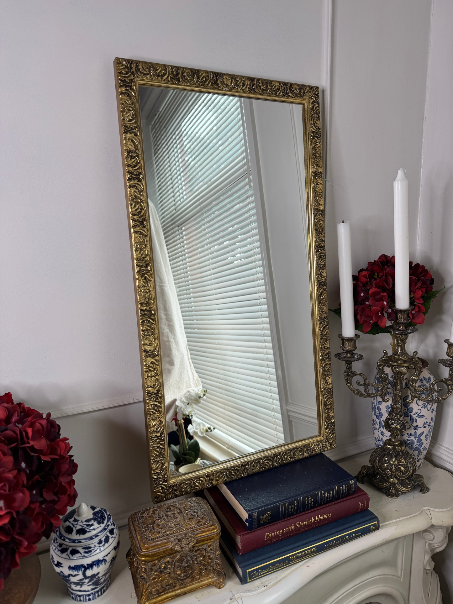 Vintage Gold Wooden Framed Small Mirror with Hanging Hook