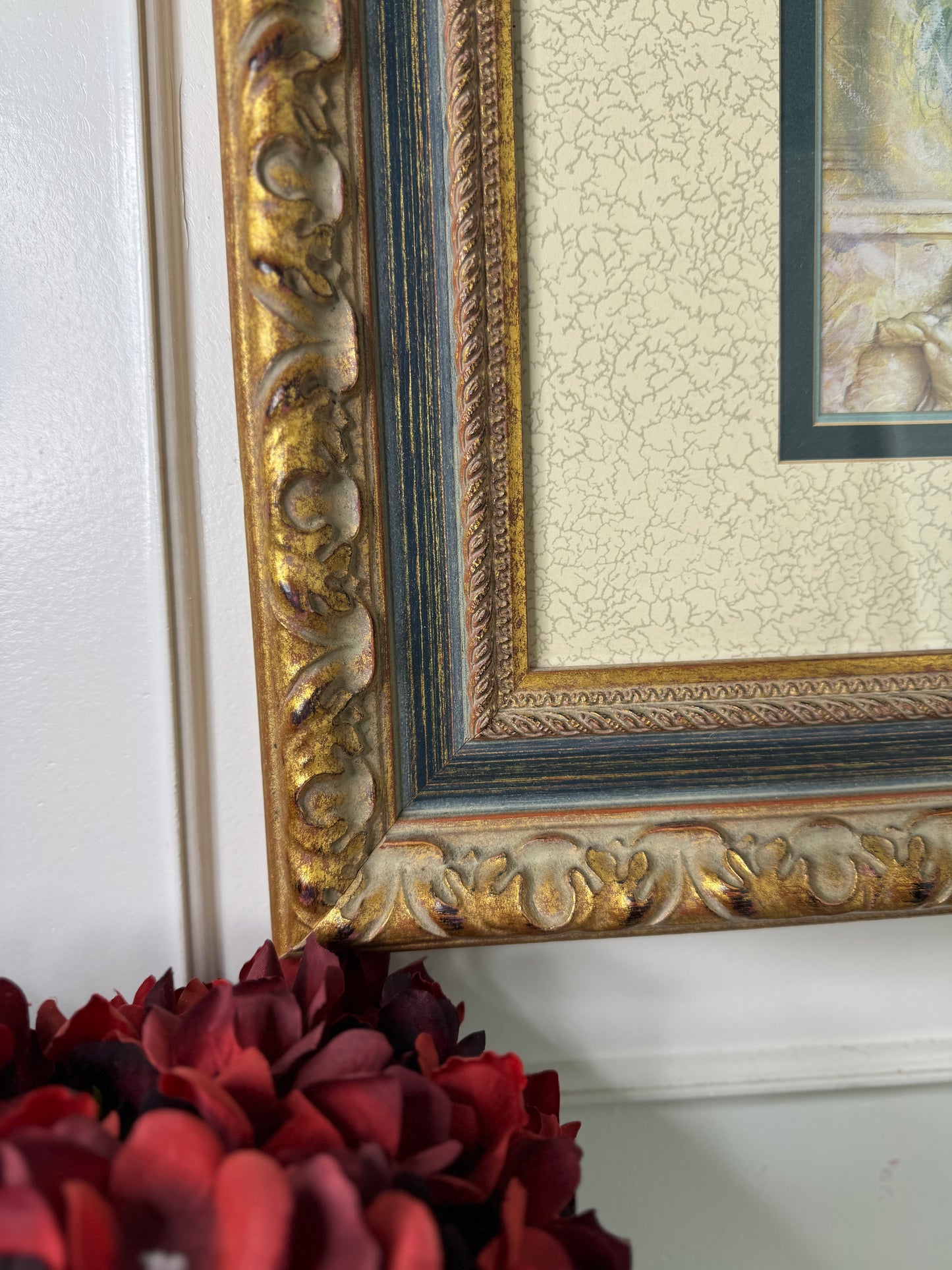 Vintage Large Gold Gilt Frame with Green Marble Effect & Classic Horse Print