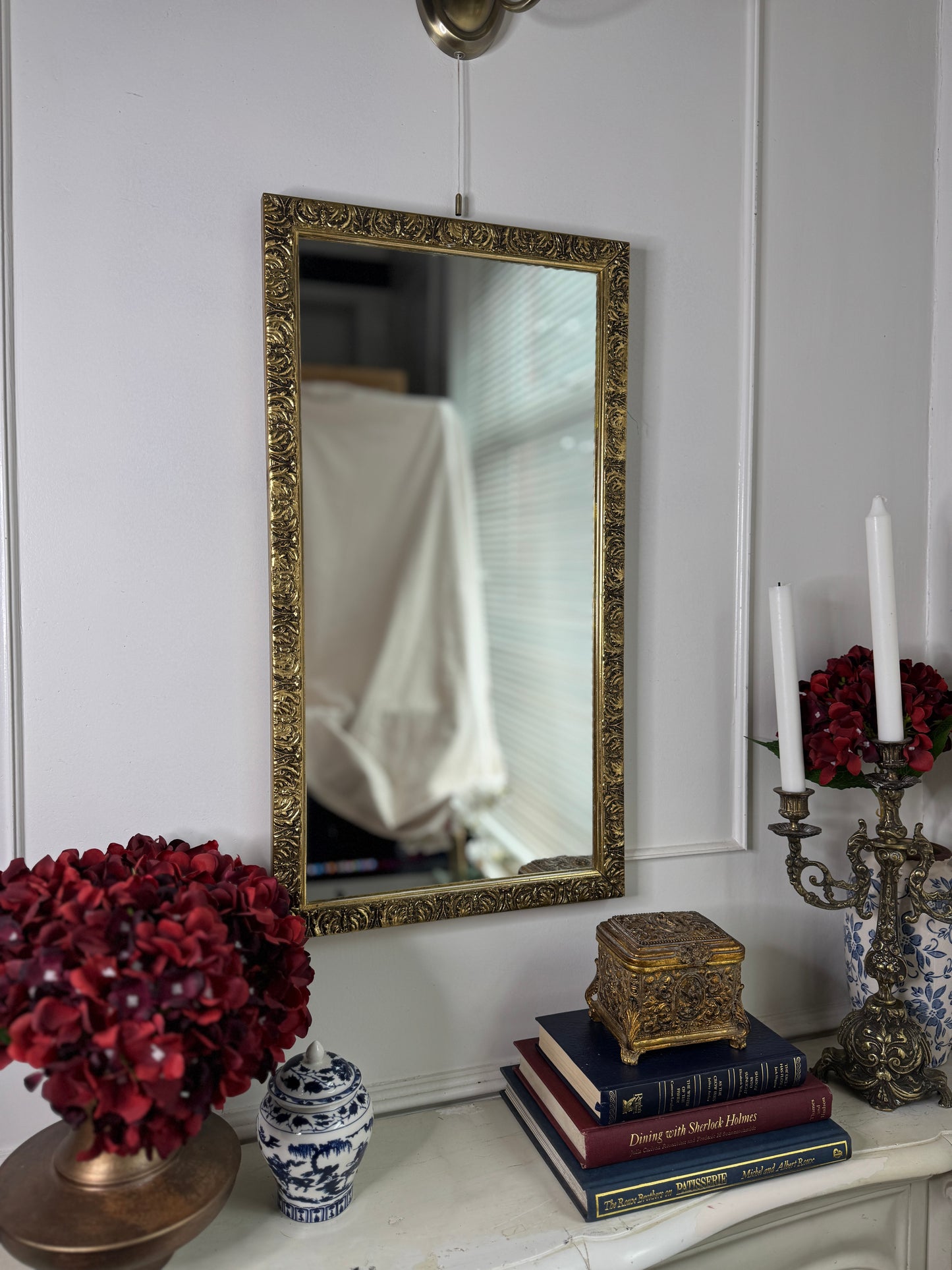 Vintage Gold Wooden Framed Small Mirror with Hanging Hook
