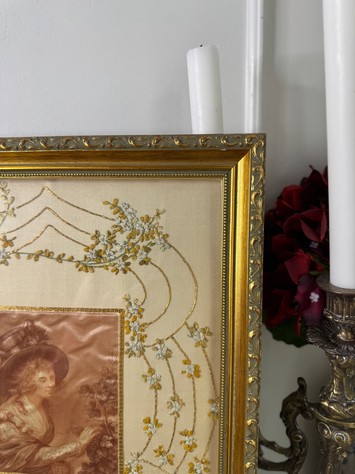 Antique Padded Silk-on-Silk Embroidery on Board in Ornate Gold Gilt Frame