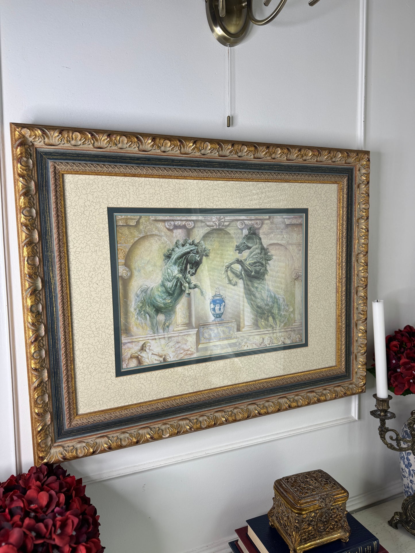 Vintage Large Gold Gilt Frame with Green Marble Effect & Classic Horse Print