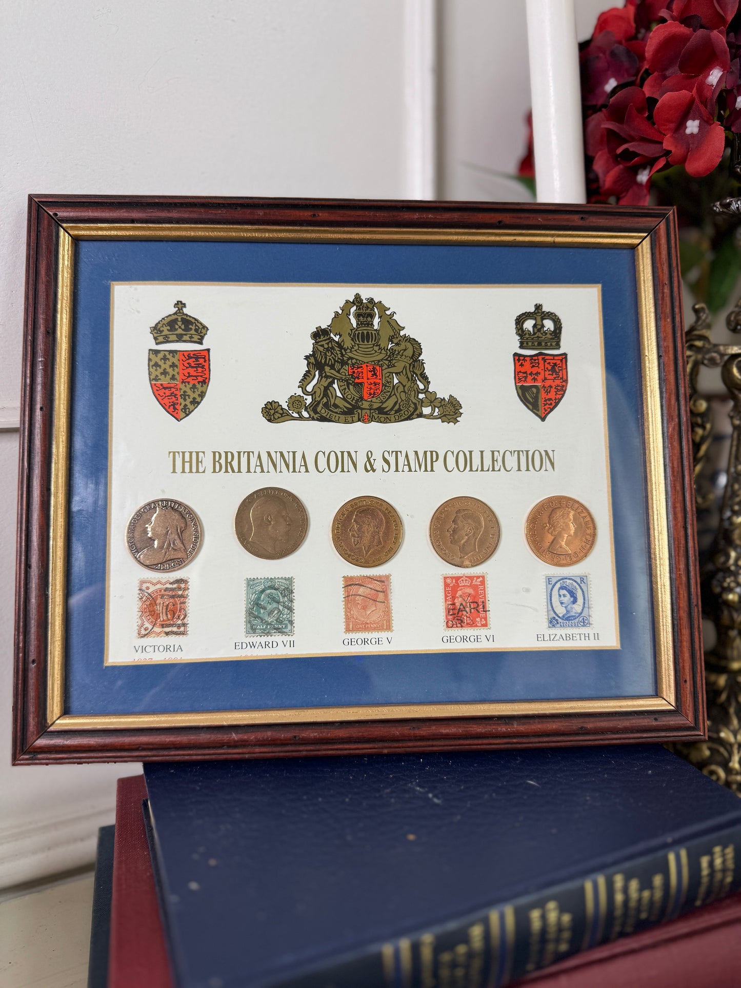 Vintage Coin & Stamp Collection in Glazed Wooden Display Frame