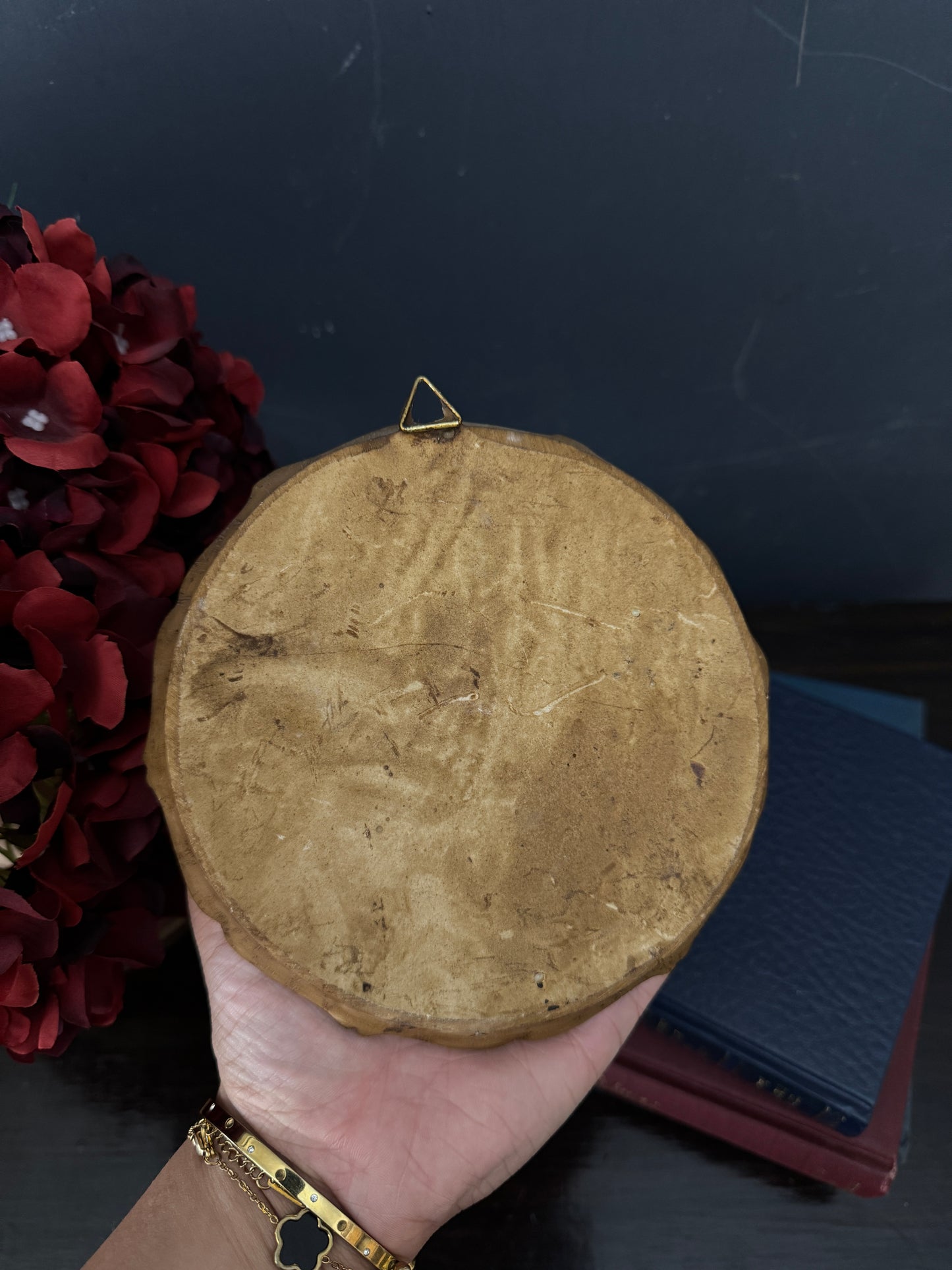 Vintage Small Round Hanging 3D Wood Carved Wall Art