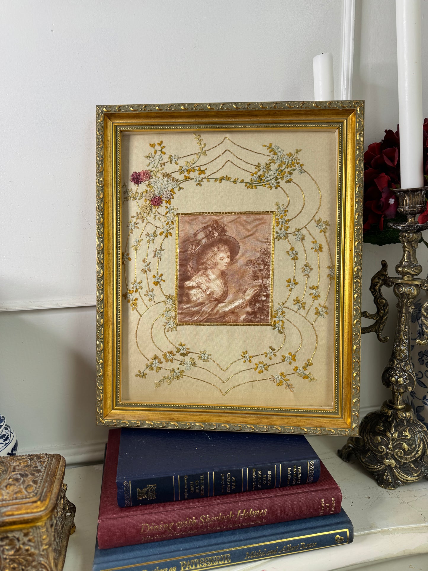 Antique Padded Silk-on-Silk Embroidery on Board in Ornate Gold Gilt Frame