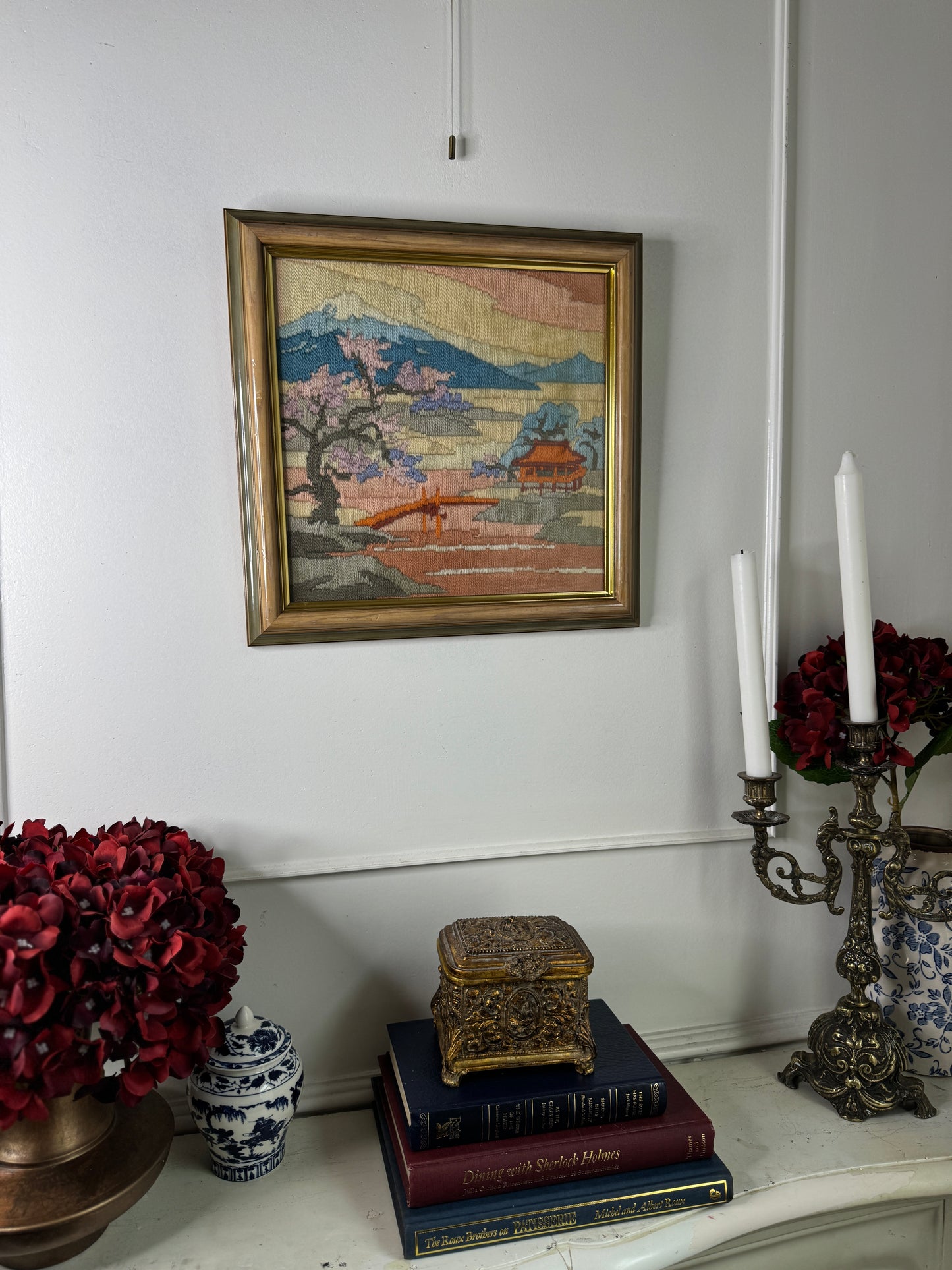 Vintage Heavy Embroidery “Mimosa” in Unique Wooden Frame