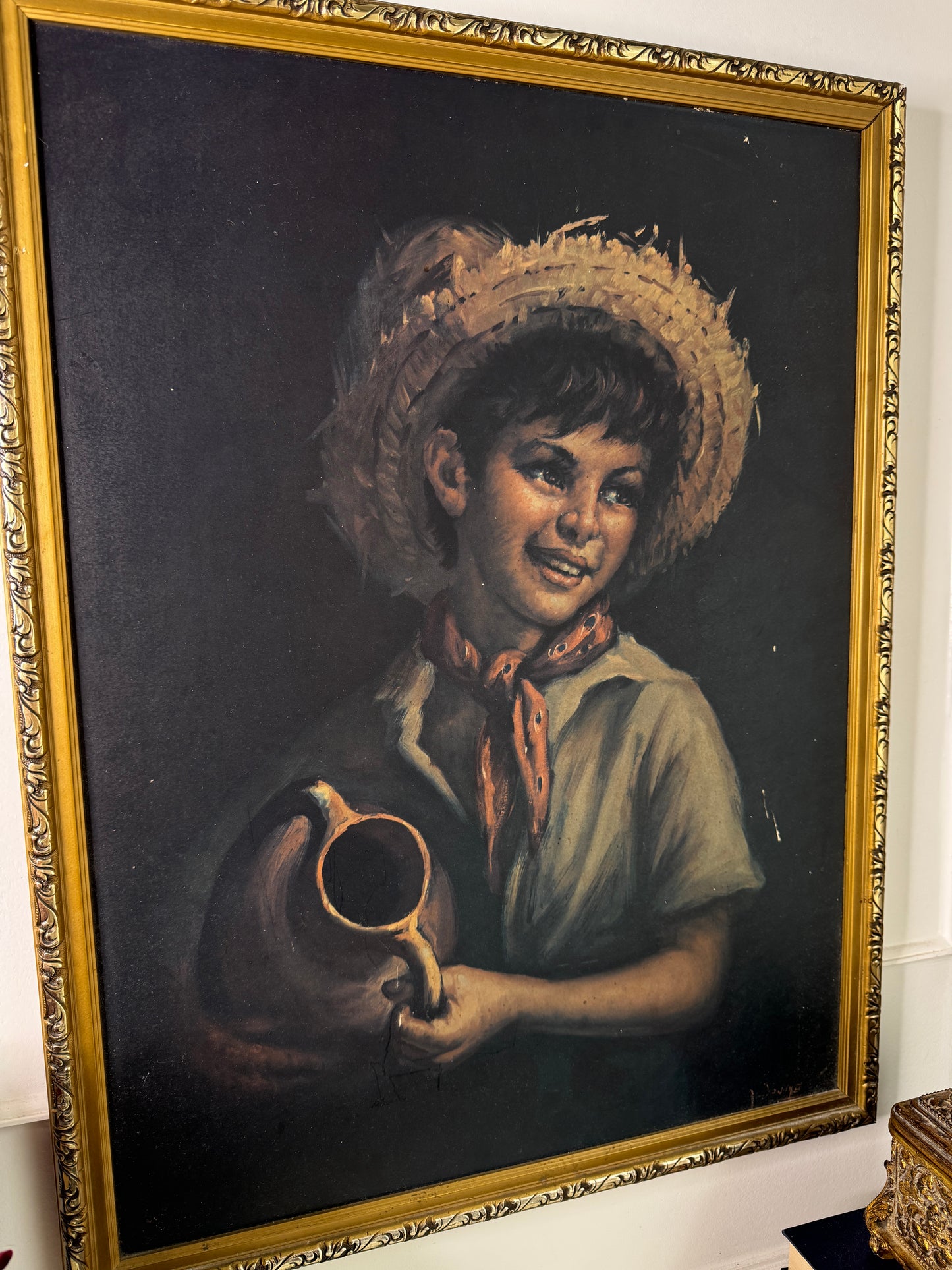 Vintage Textured Print - Country Boy in a Gold Gilt Frame
