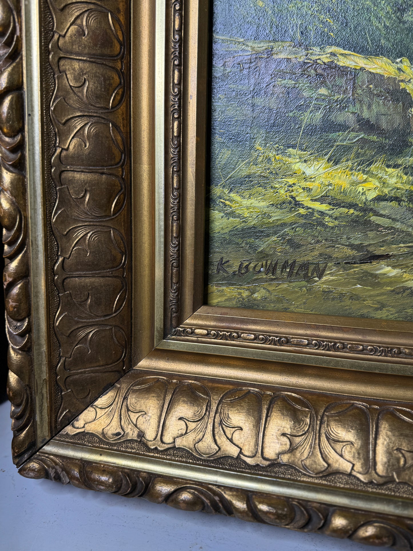 Antique Ornate Gold Frame with 1970s K. Bowman Original Oil Painting