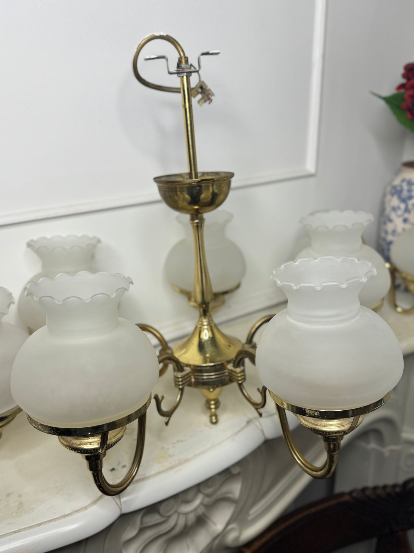 Vintage Satin Brass Chandelier with Matching Wall Lights – 5 Light Brass Ceiling Fixture & Pair of Brass Wall Sconces with Glass Shades