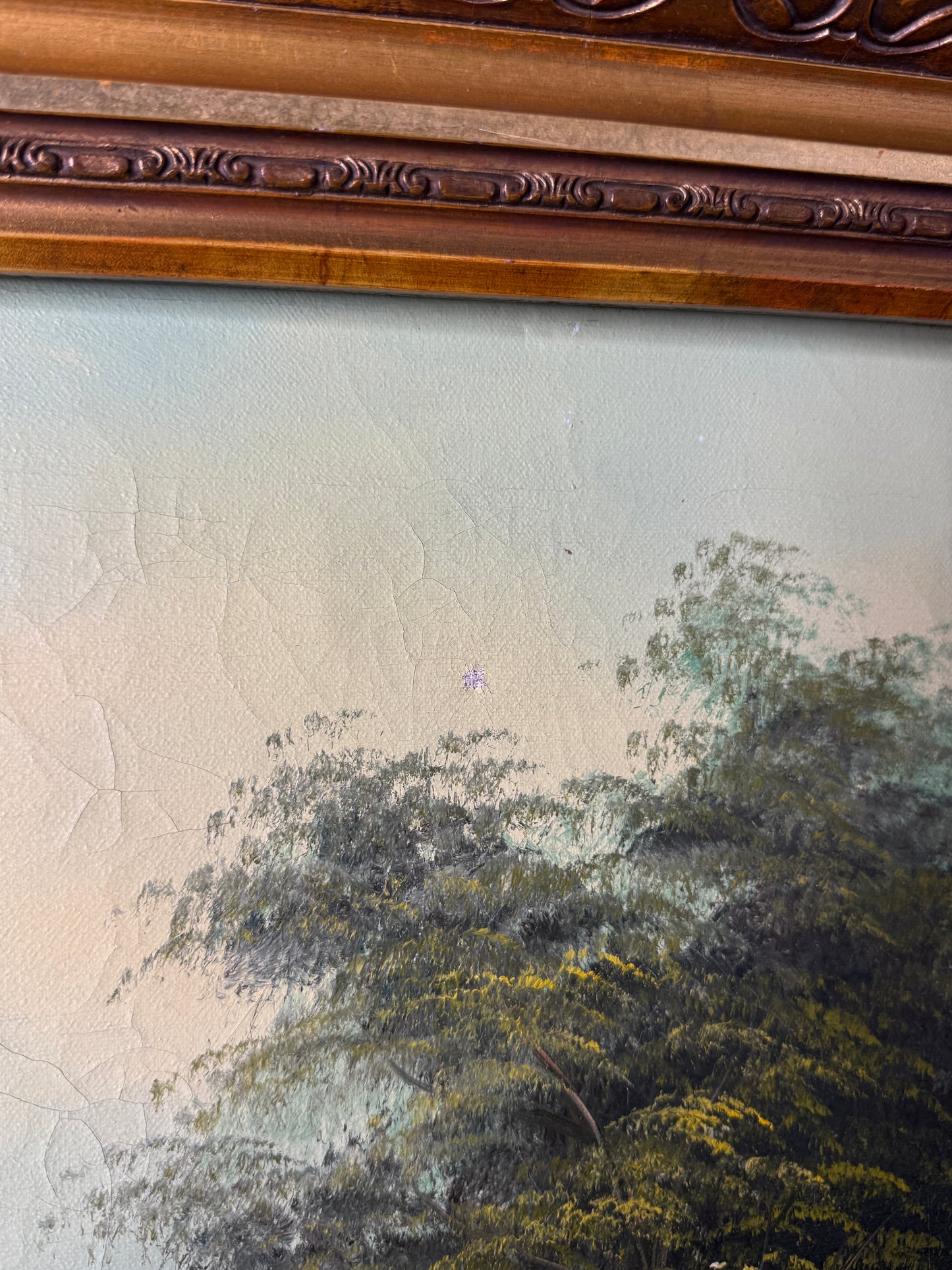 Antique Ornate Gold Frame with 1970s K. Bowman Original Oil Painting