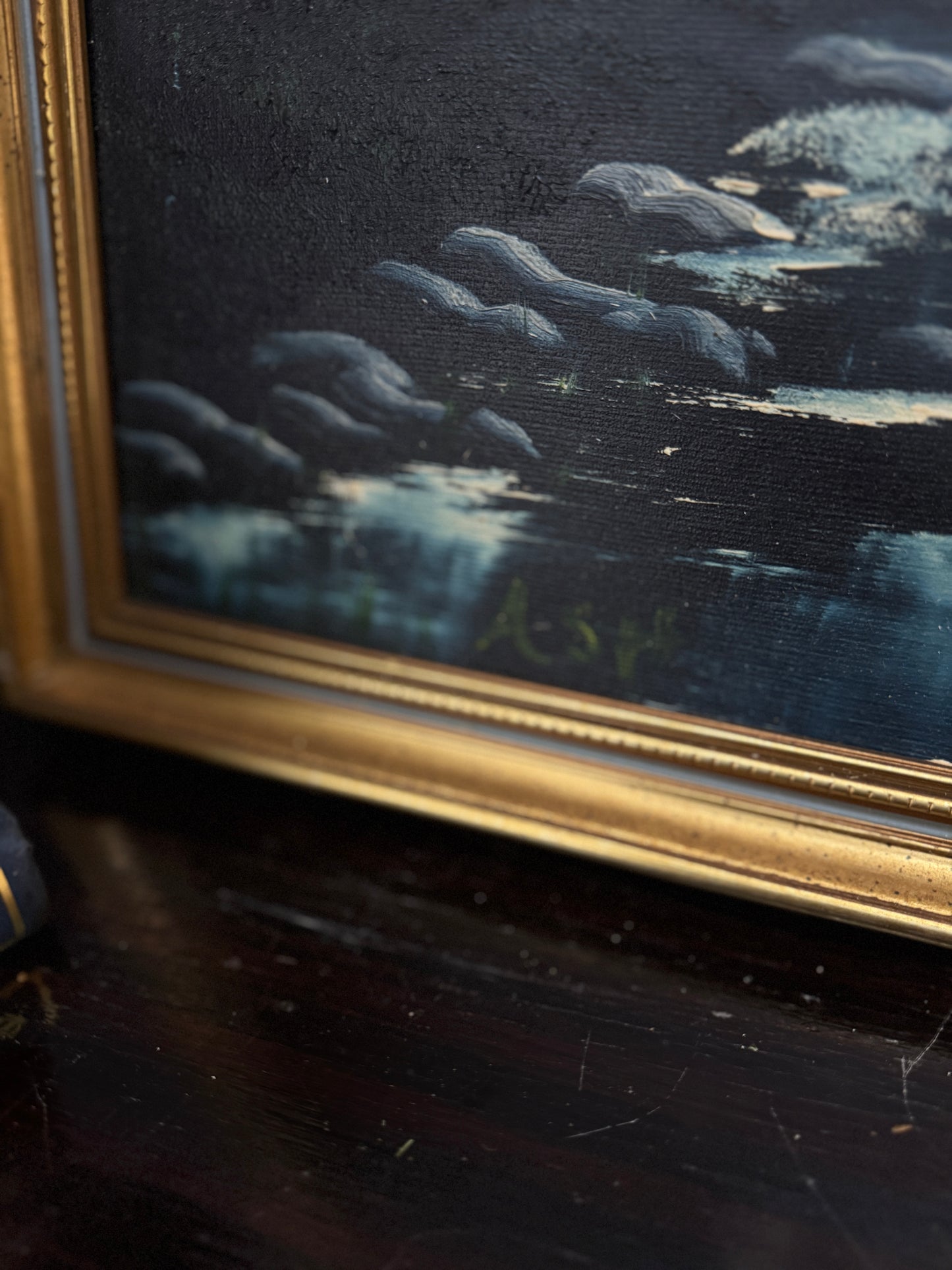 Golden Horizon – Signed Vintage Oil Painting in Blue-Trimmed Gilt Frame