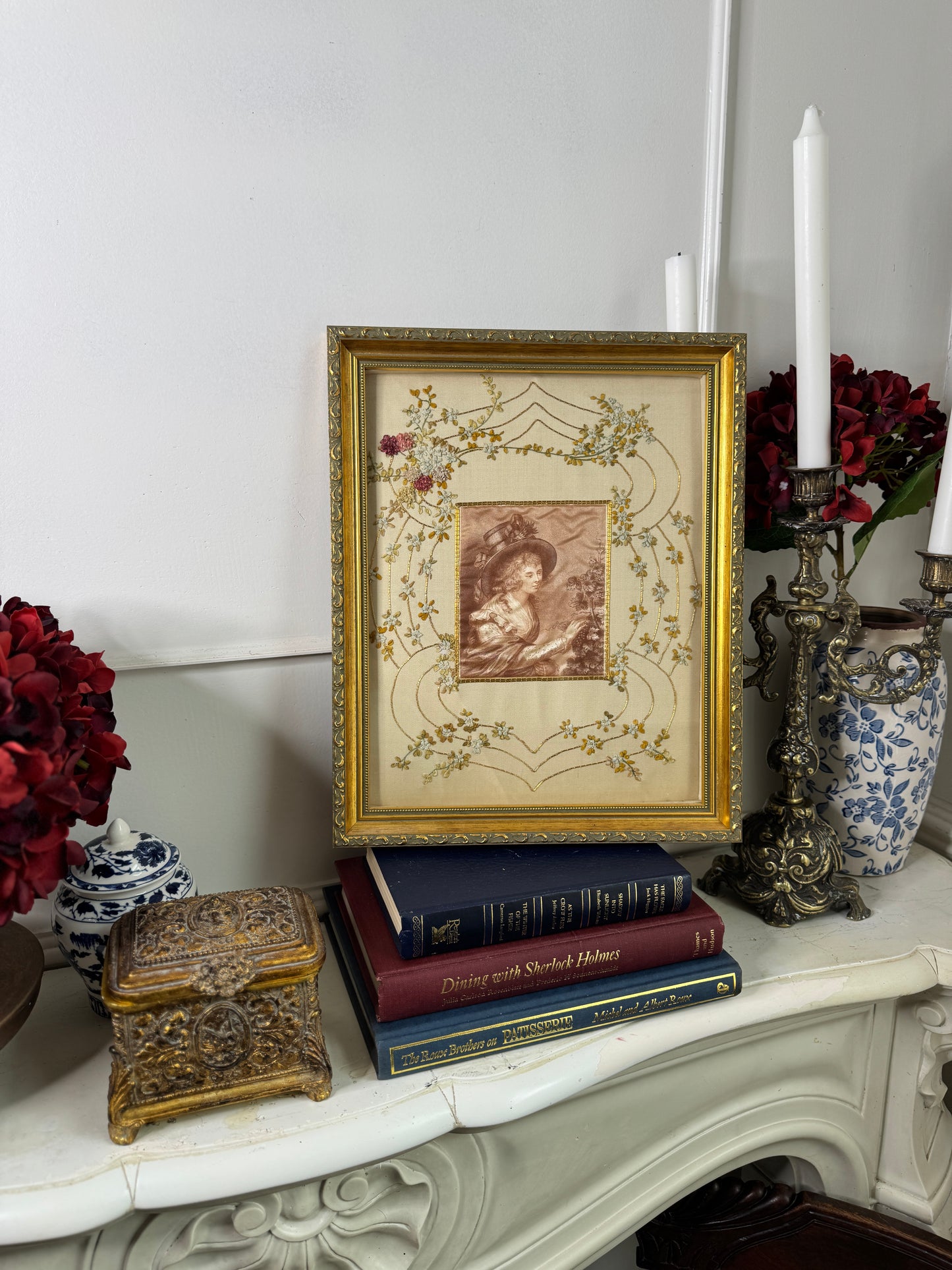 Antique Padded Silk-on-Silk Embroidery on Board in Ornate Gold Gilt Frame