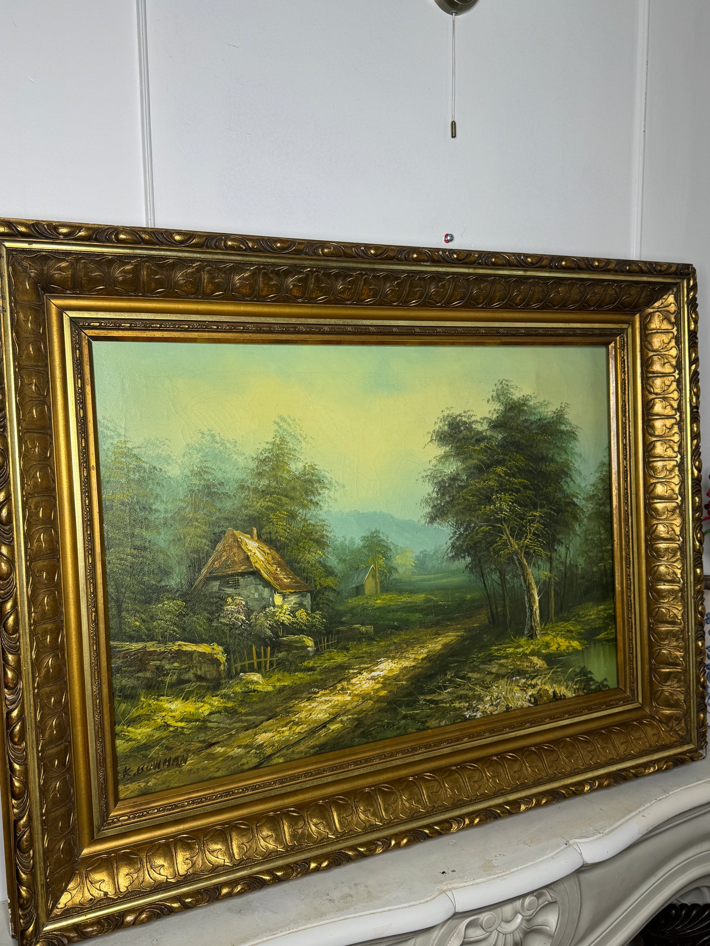 Antique Ornate Gold Frame with 1970s K. Bowman Original Oil Painting
