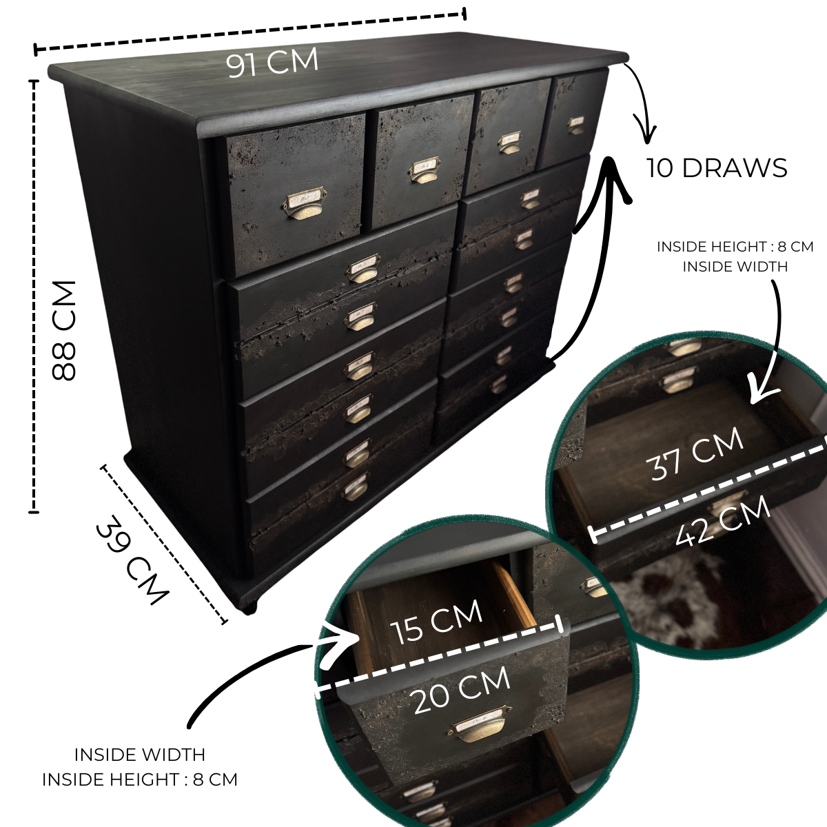 Black Apothecary Style Chest of Drawers | Distressed Vintage Pine Dresser | | Rustic Storage Unit