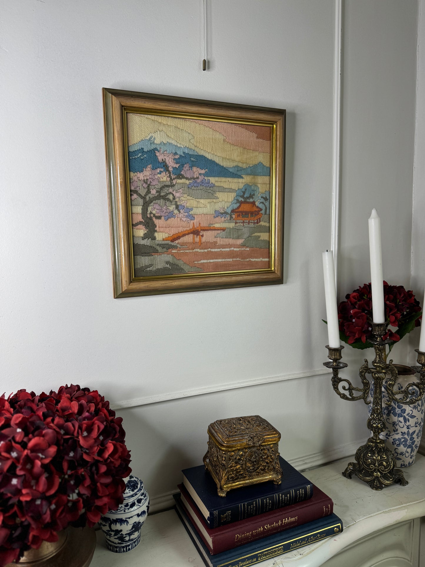 Vintage Heavy Embroidery “Mimosa” in Unique Wooden Frame