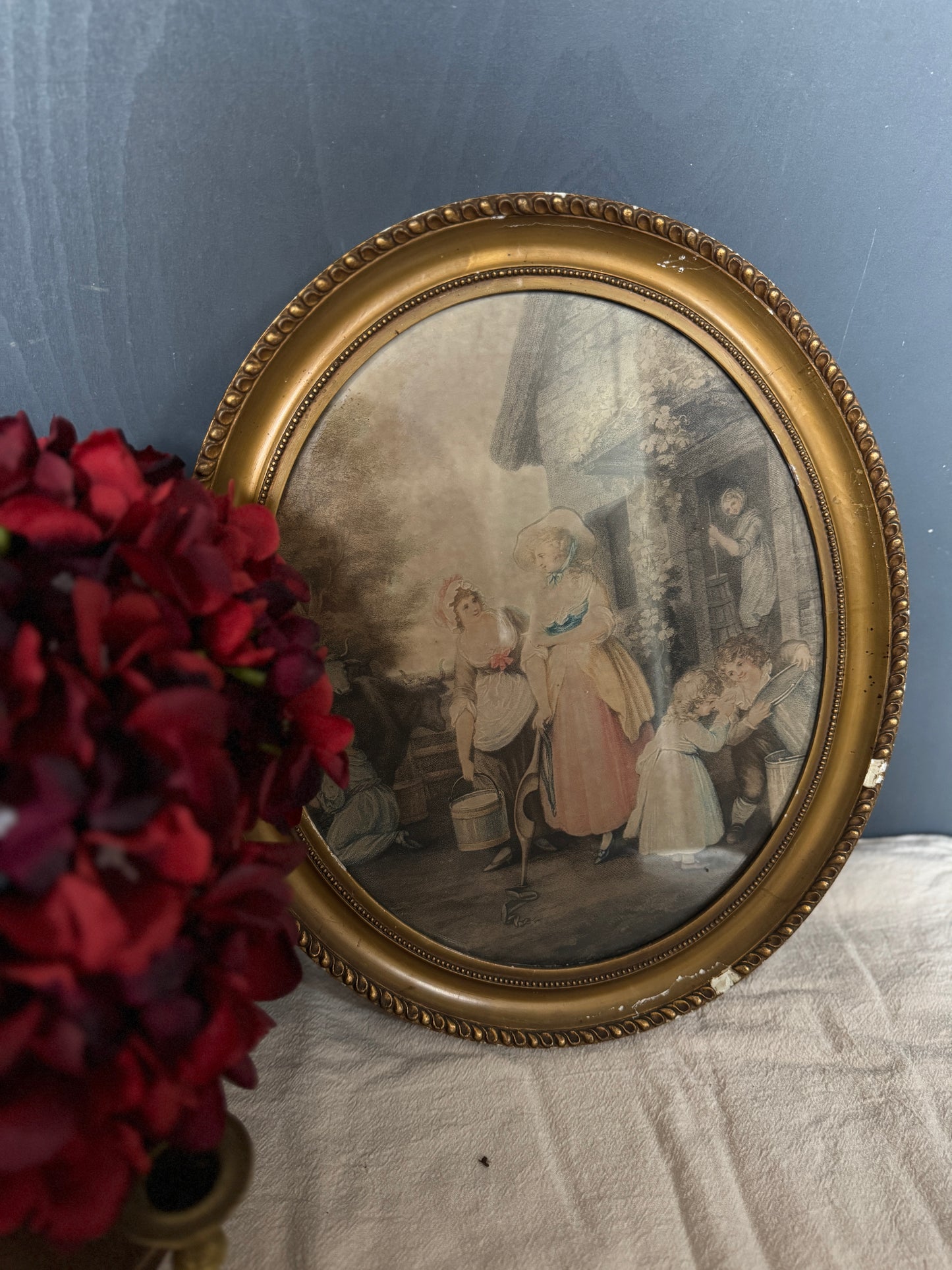 Vintage Hand-Coloured Artwork Stipple Engraving in Oval Giltwood Frame