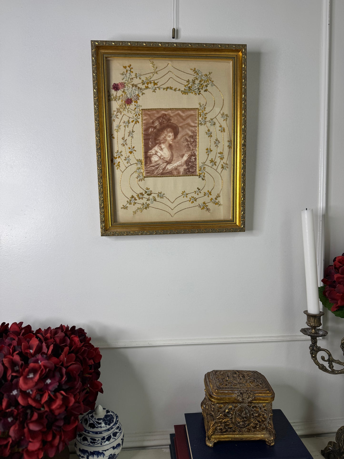 Antique Padded Silk-on-Silk Embroidery on Board in Ornate Gold Gilt Frame