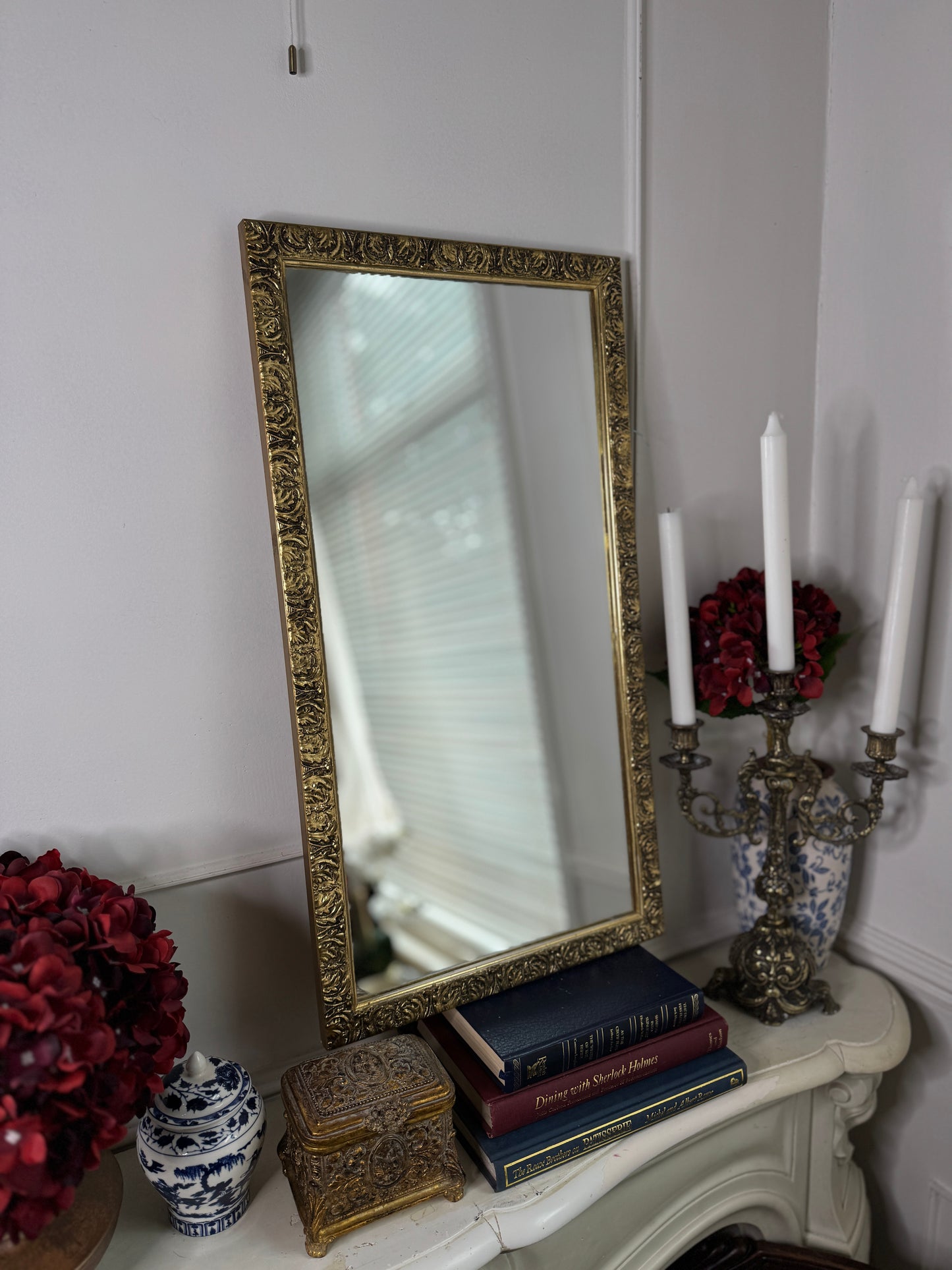 Vintage Gold Wooden Framed Small Mirror with Hanging Hook
