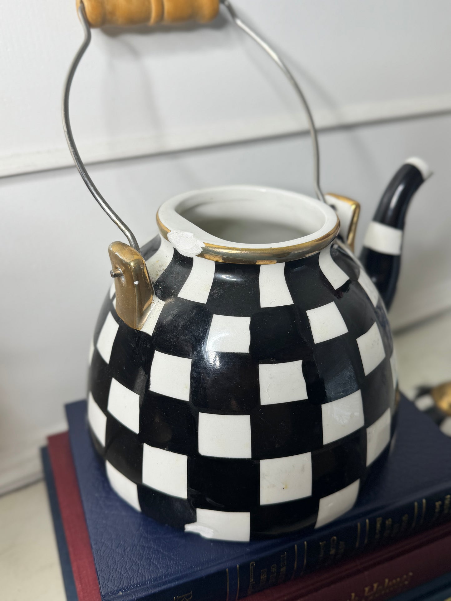 Black & White Checked Ceramic Teapot – Inspired by MacKenzie-Childs Courtly Check – 1.5L Harlequin Tea Pot