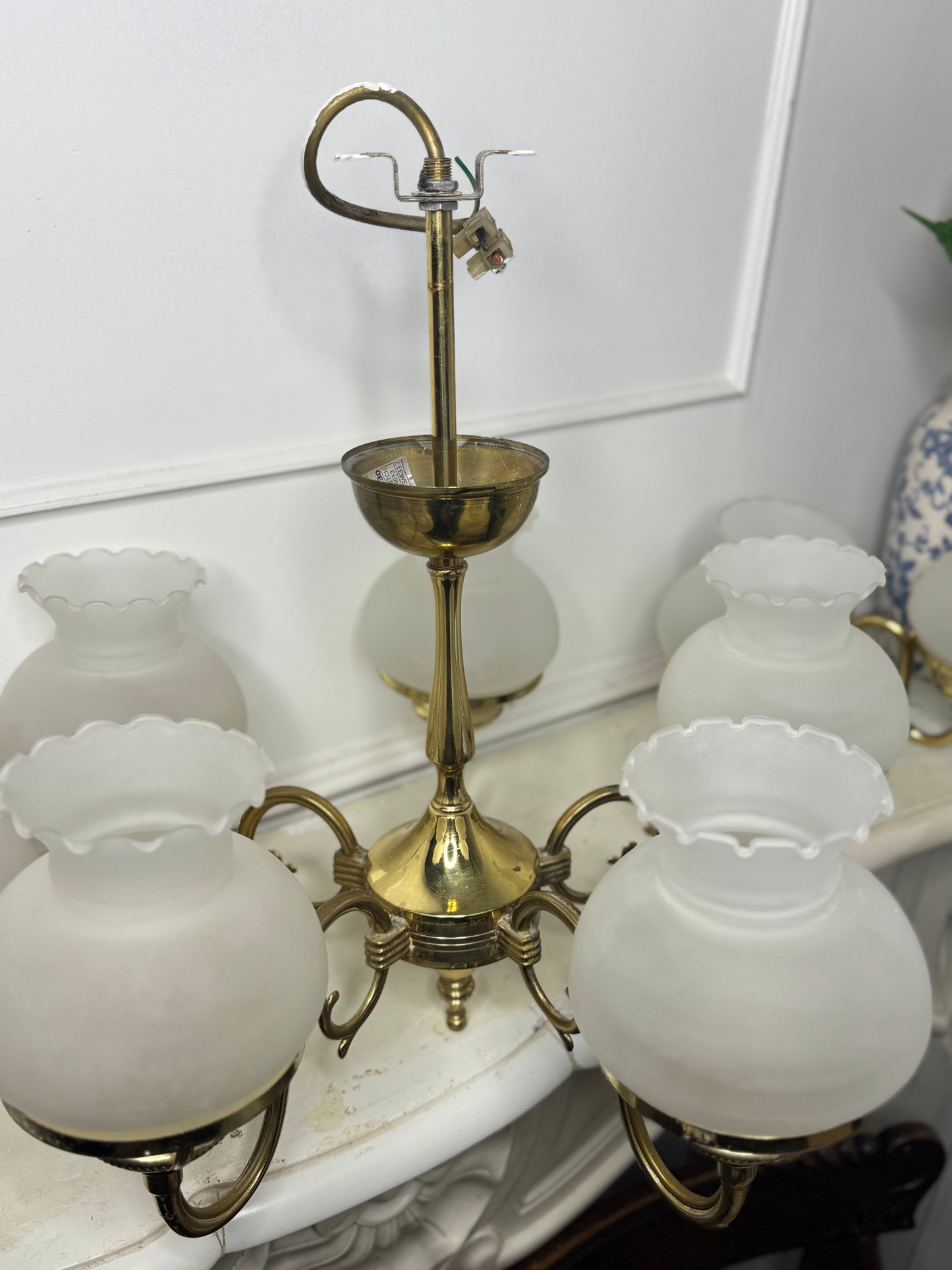 Vintage Satin Brass Chandelier with Matching Wall Lights – 5 Light Brass Ceiling Fixture & Pair of Brass Wall Sconces with Glass Shades