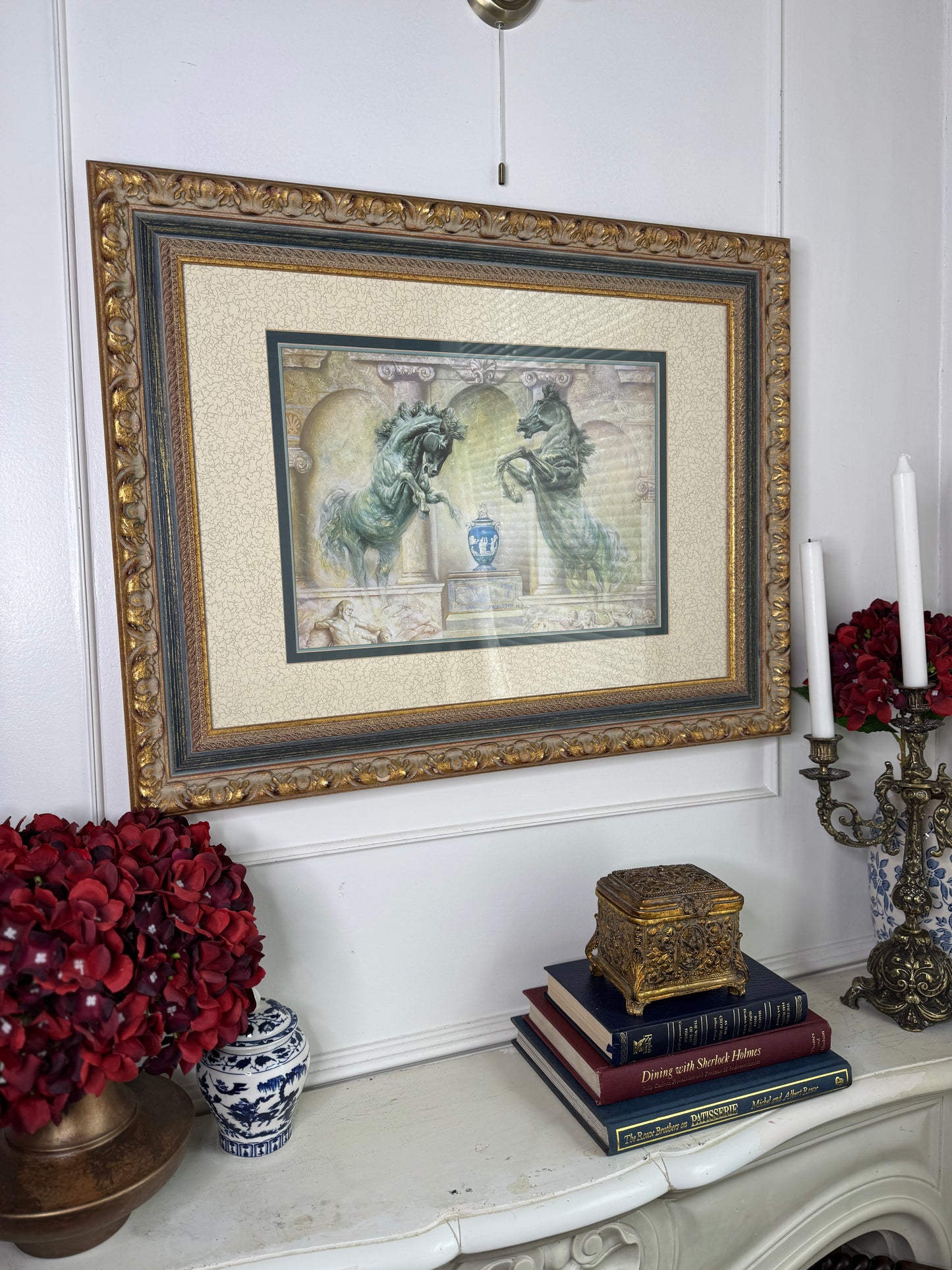 Vintage Large Gold Gilt Frame with Green Marble Effect & Classic Horse Print