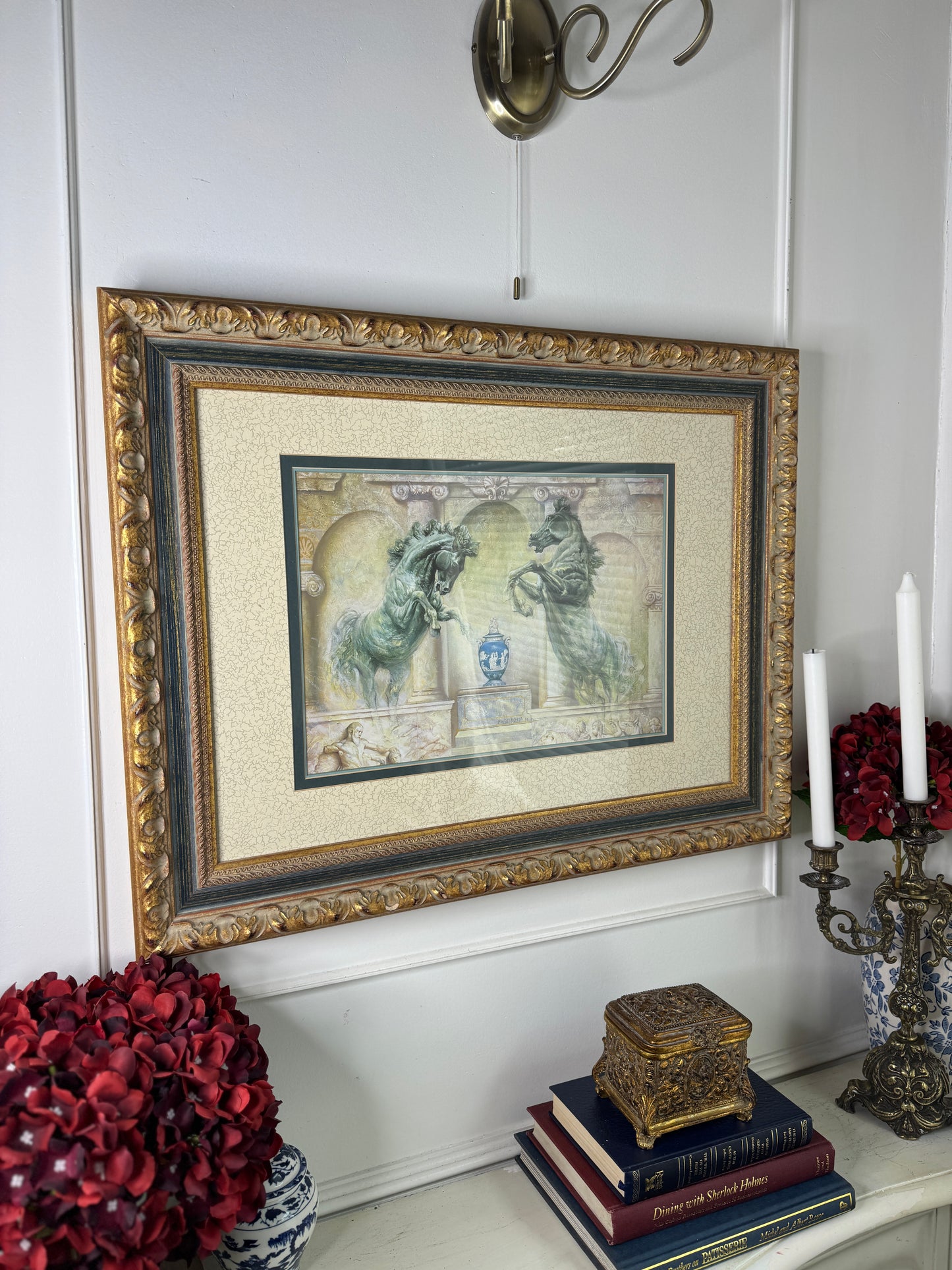 Vintage Large Gold Gilt Frame with Green Marble Effect & Classic Horse Print