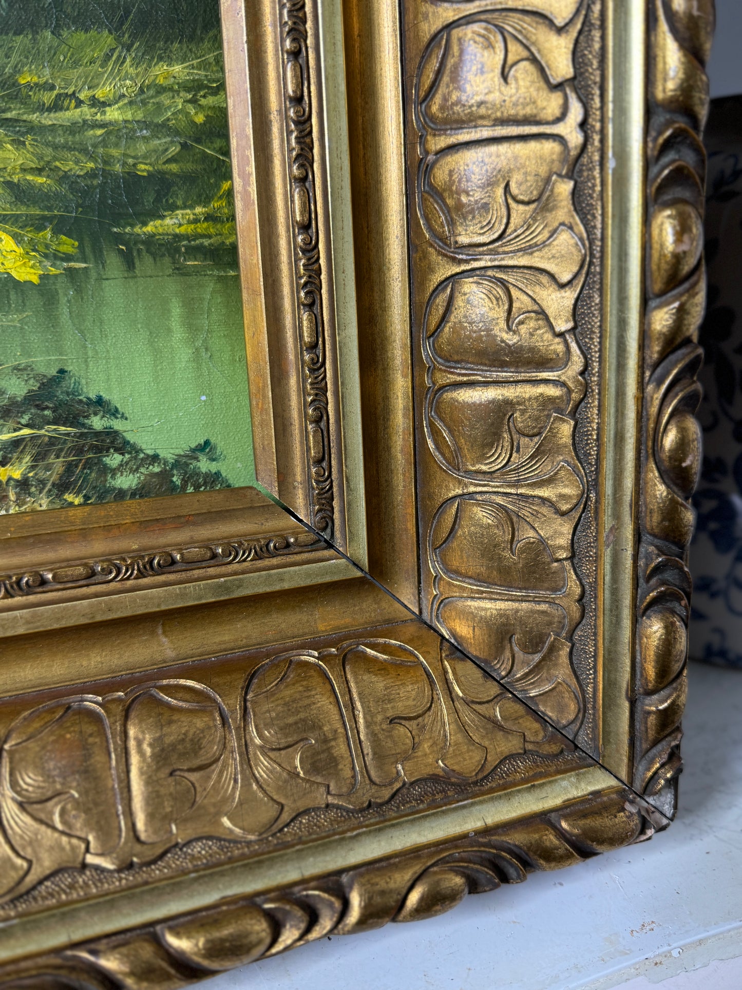 Antique Ornate Gold Frame with 1970s K. Bowman Original Oil Painting