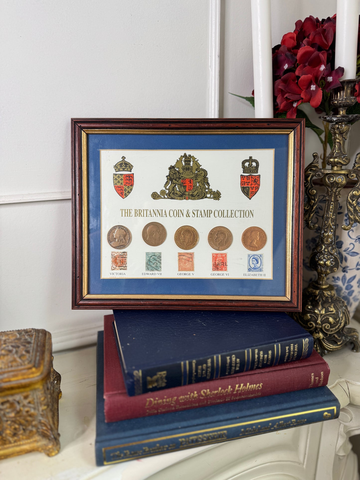 Vintage Coin & Stamp Collection in Glazed Wooden Display Frame