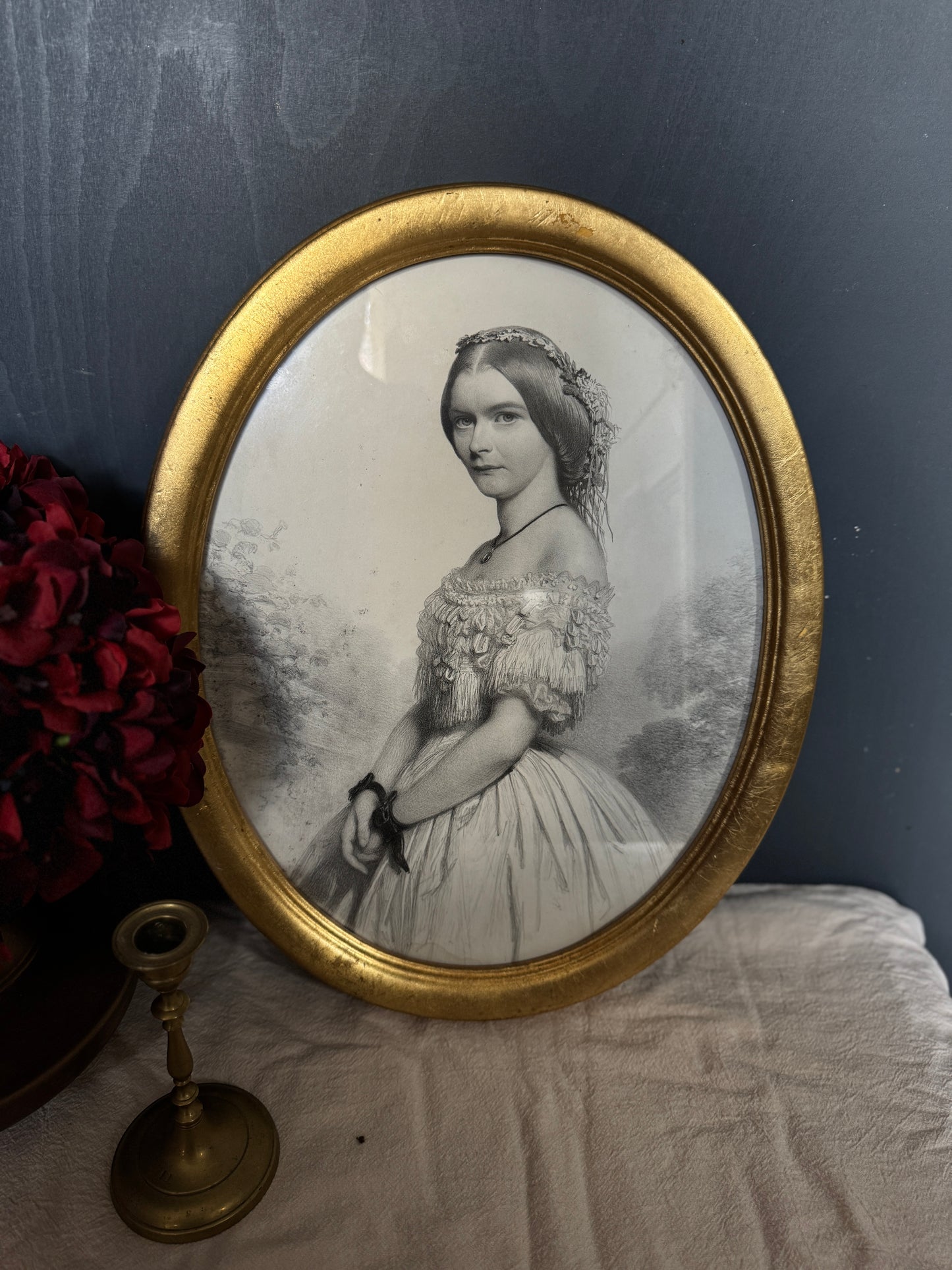 Victorian 1859 Engraving in Gold Oval Gilt Frame with Handwritten Note