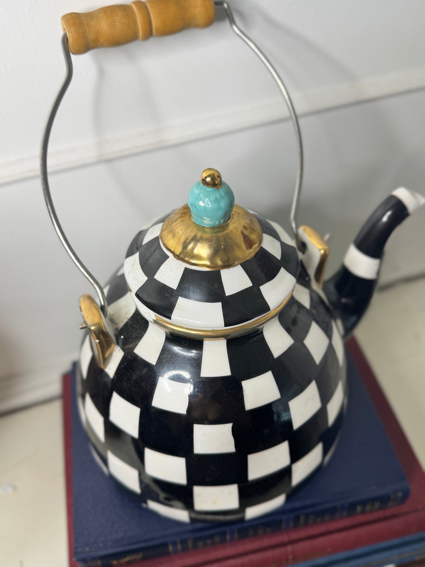 Black & White Checked Ceramic Teapot – Inspired by MacKenzie-Childs Courtly Check – 1.5L Harlequin Tea Pot