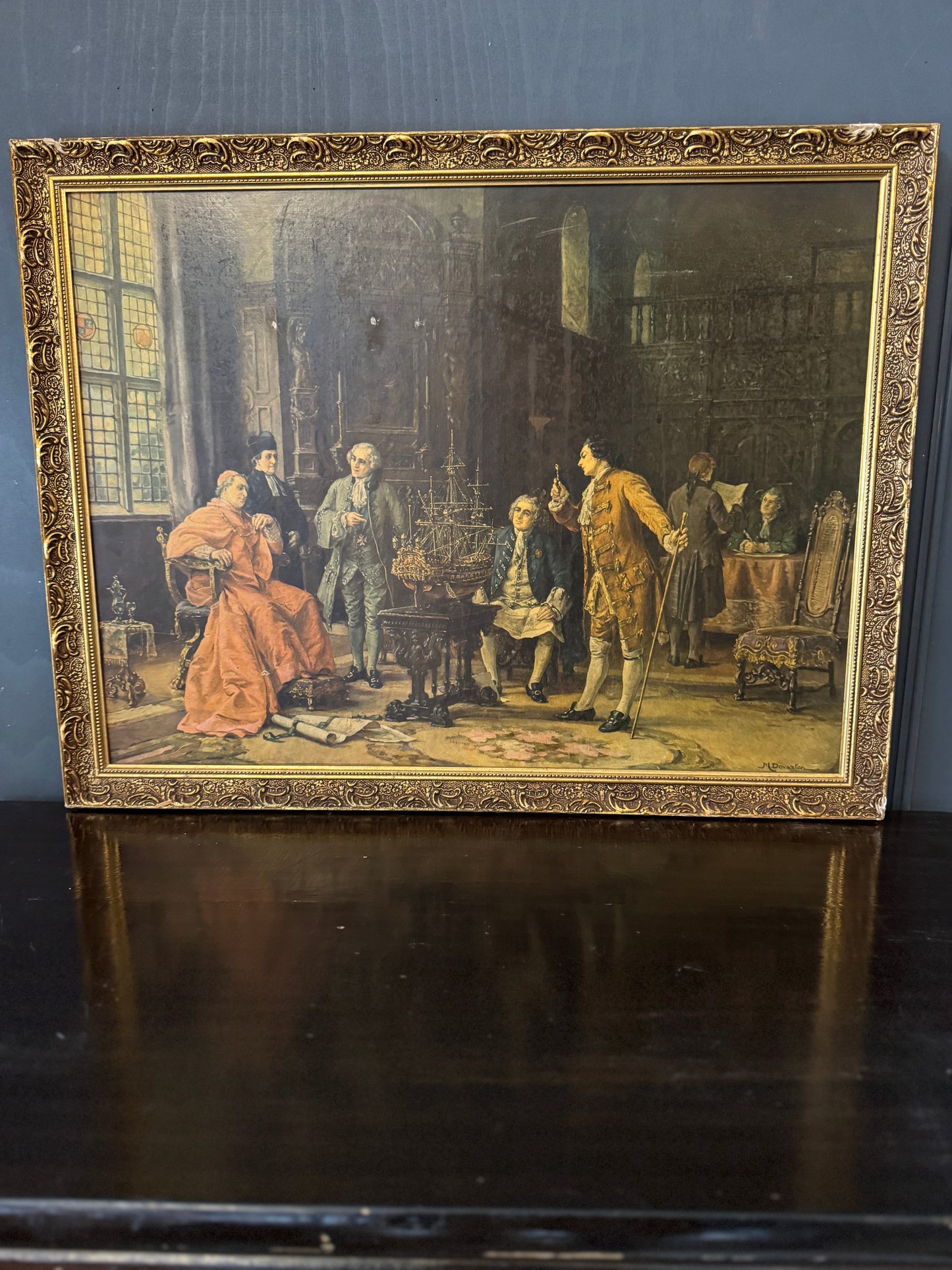 Vintage 'The Conference' by Margaret Dovaston UK Old Antique Framed Print