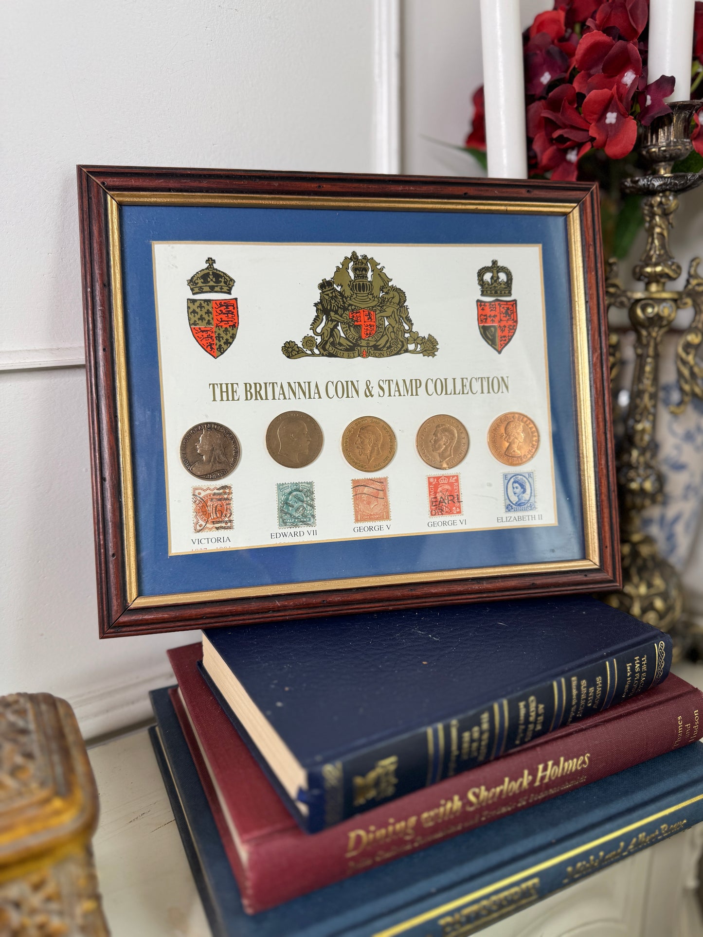 Vintage Coin & Stamp Collection in Glazed Wooden Display Frame