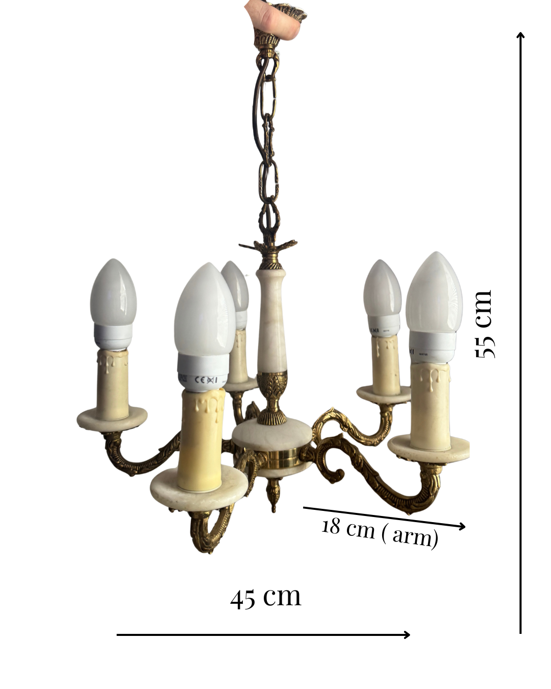 Vintage Italian Alabaster Chandelier, Brass Bronze 5 Arm Light, Mid Century Ceiling Light