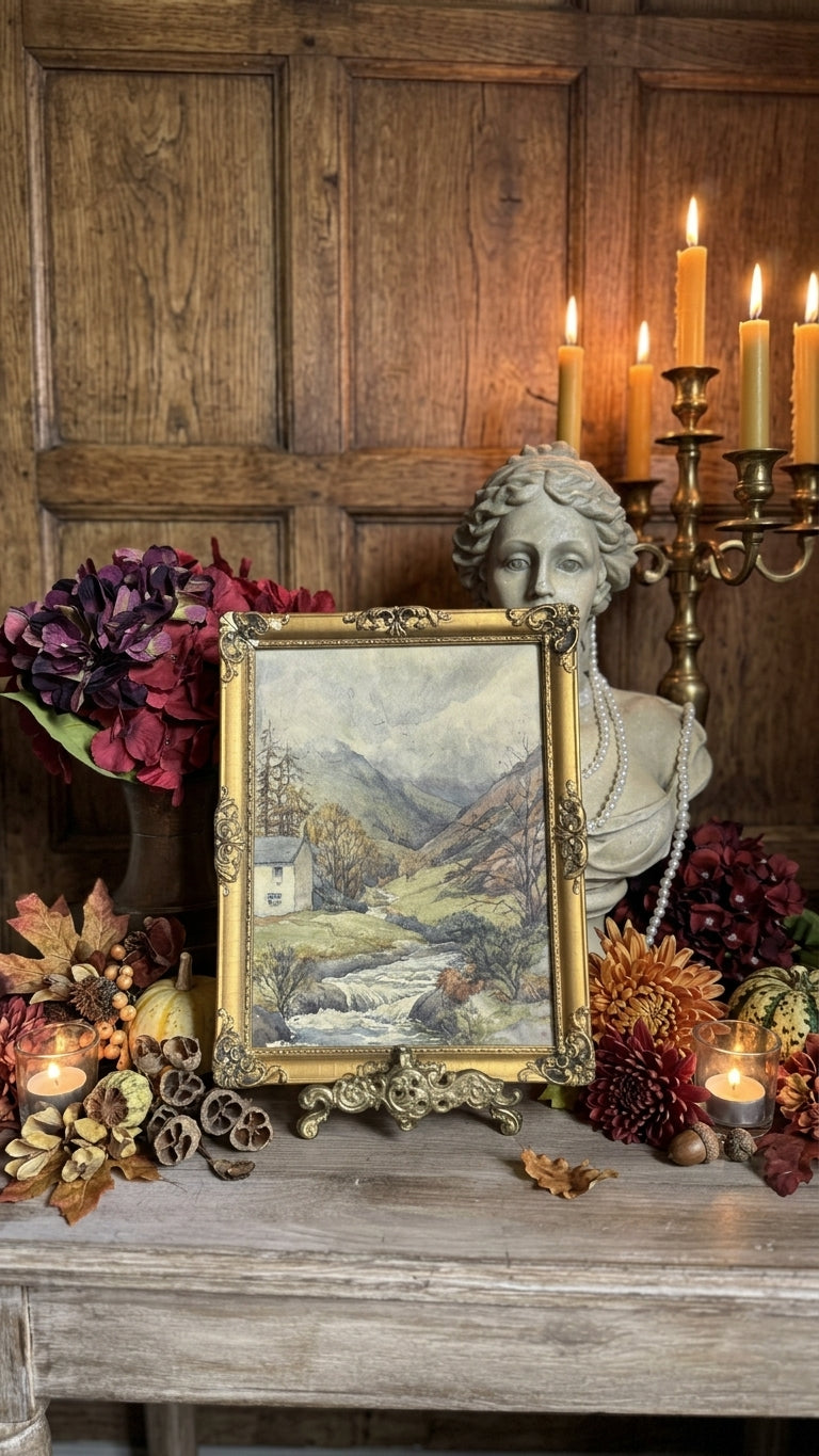 Autumn Vintage Watercolour in Antique Original European Ornate Gilt Frame