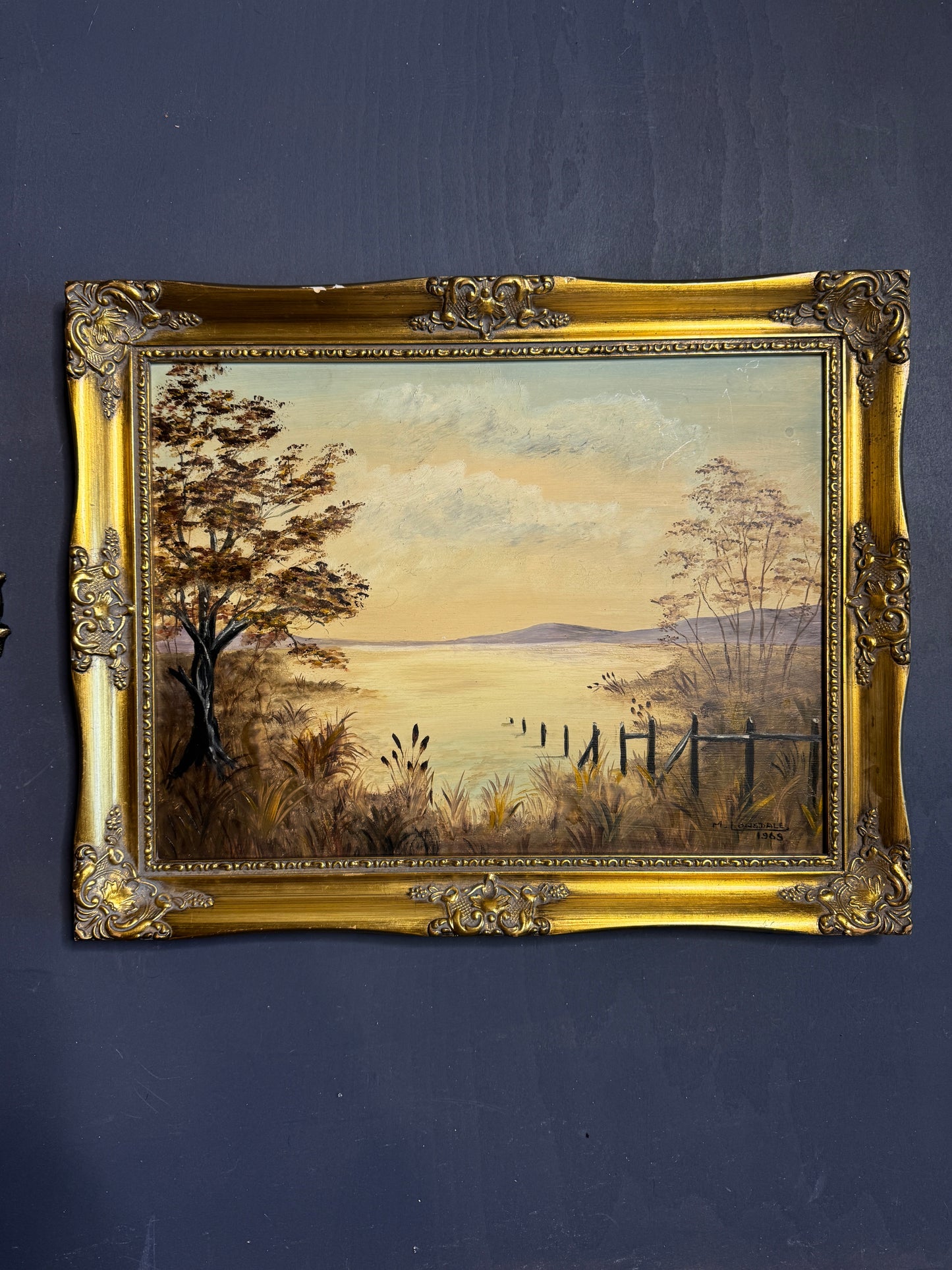Signed Vintage Oil Painting in a Gold Gilt Frame - The Lake by M. Lonsdale (1969)
