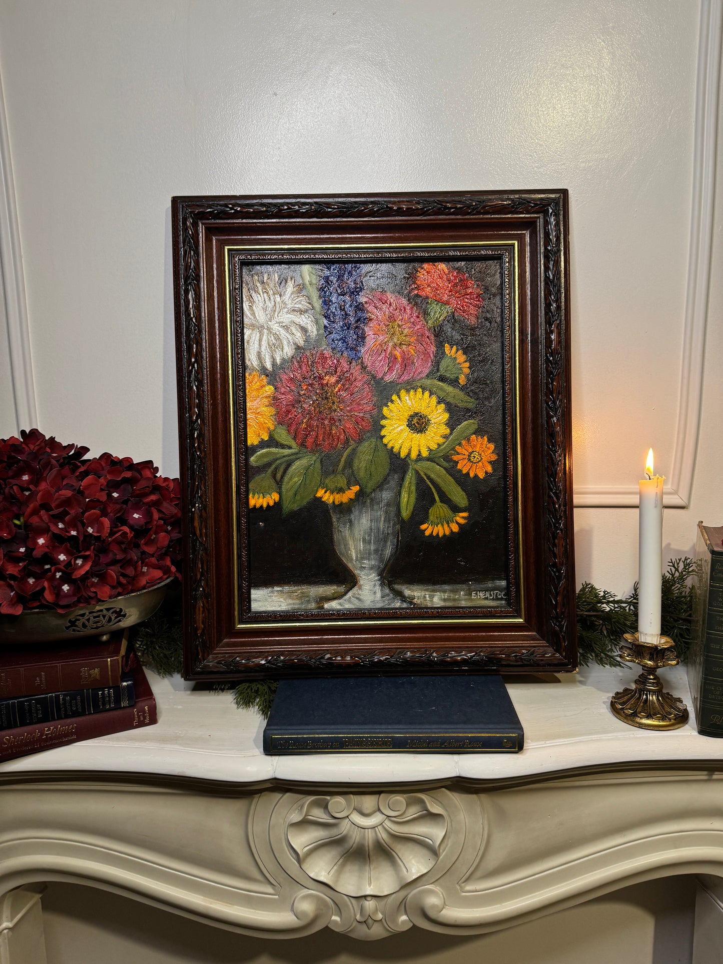 Vintage Floral Oil Painting by E. Henstock in a Carved Wooden Frame 53 x45 cm