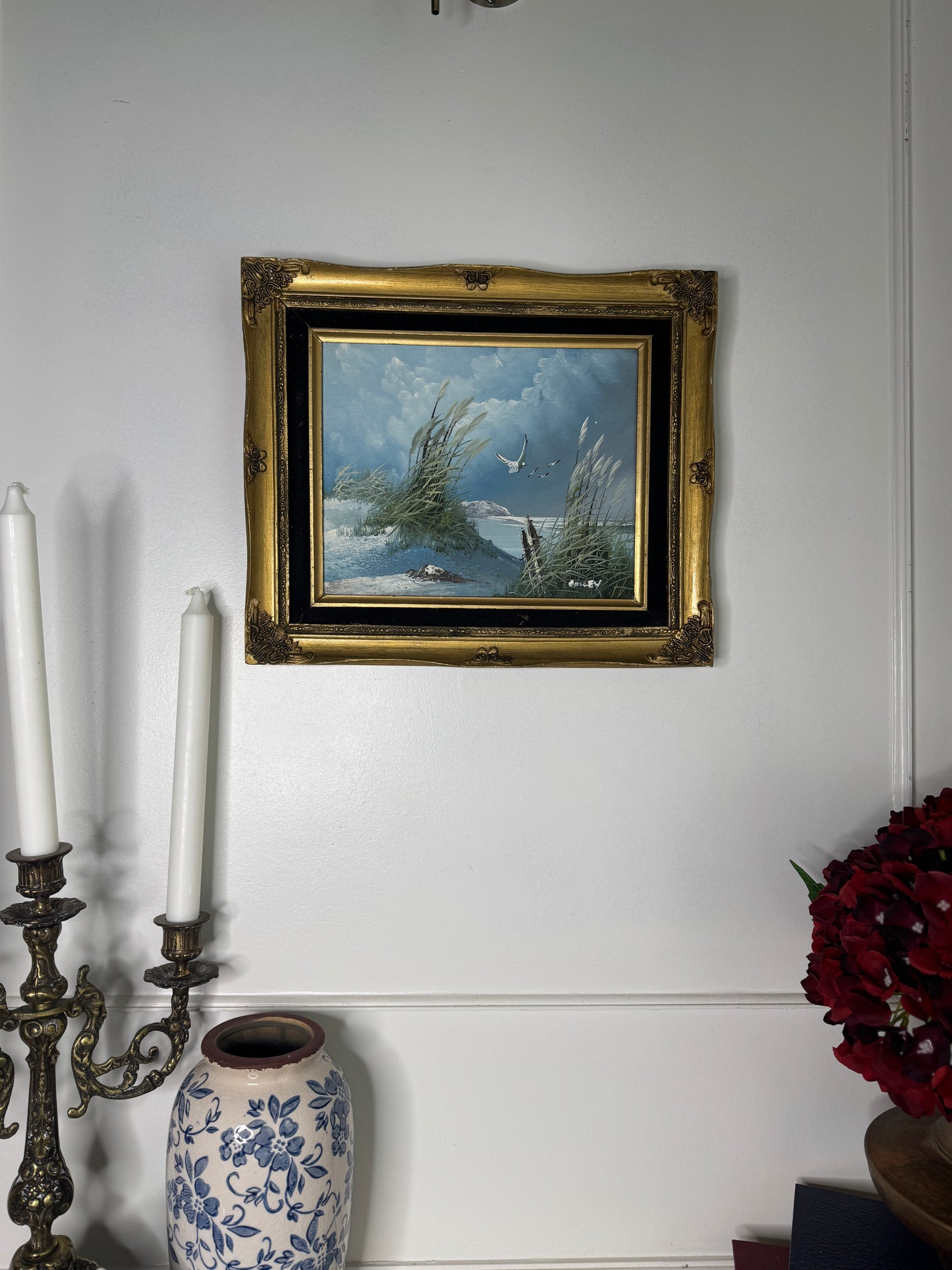 Gilded Reflections-Small Oil Painting Signed in Antique Gilt Frame