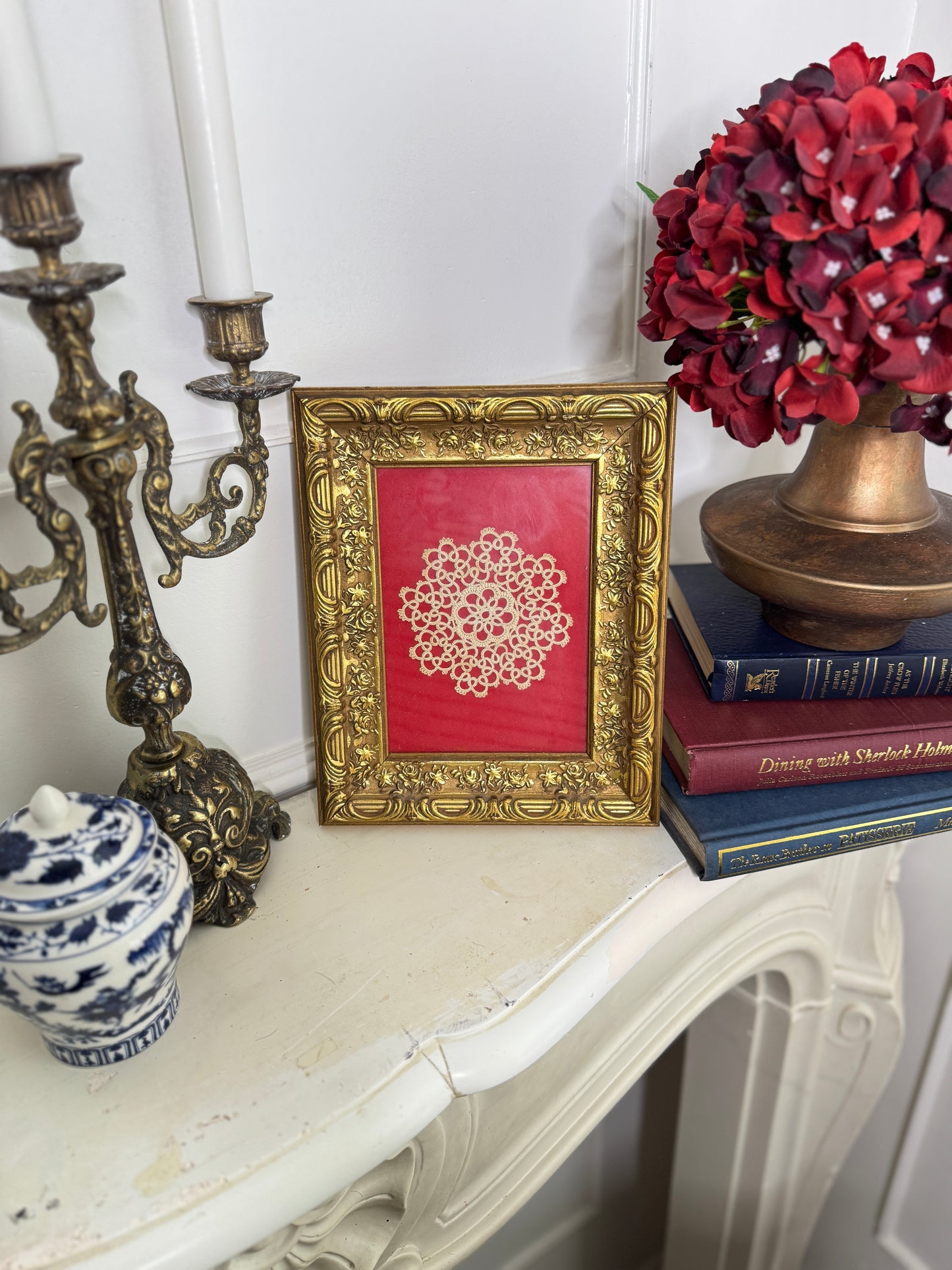 Vintage Handmade Crochet Artwork in a Gold Gilt Frame