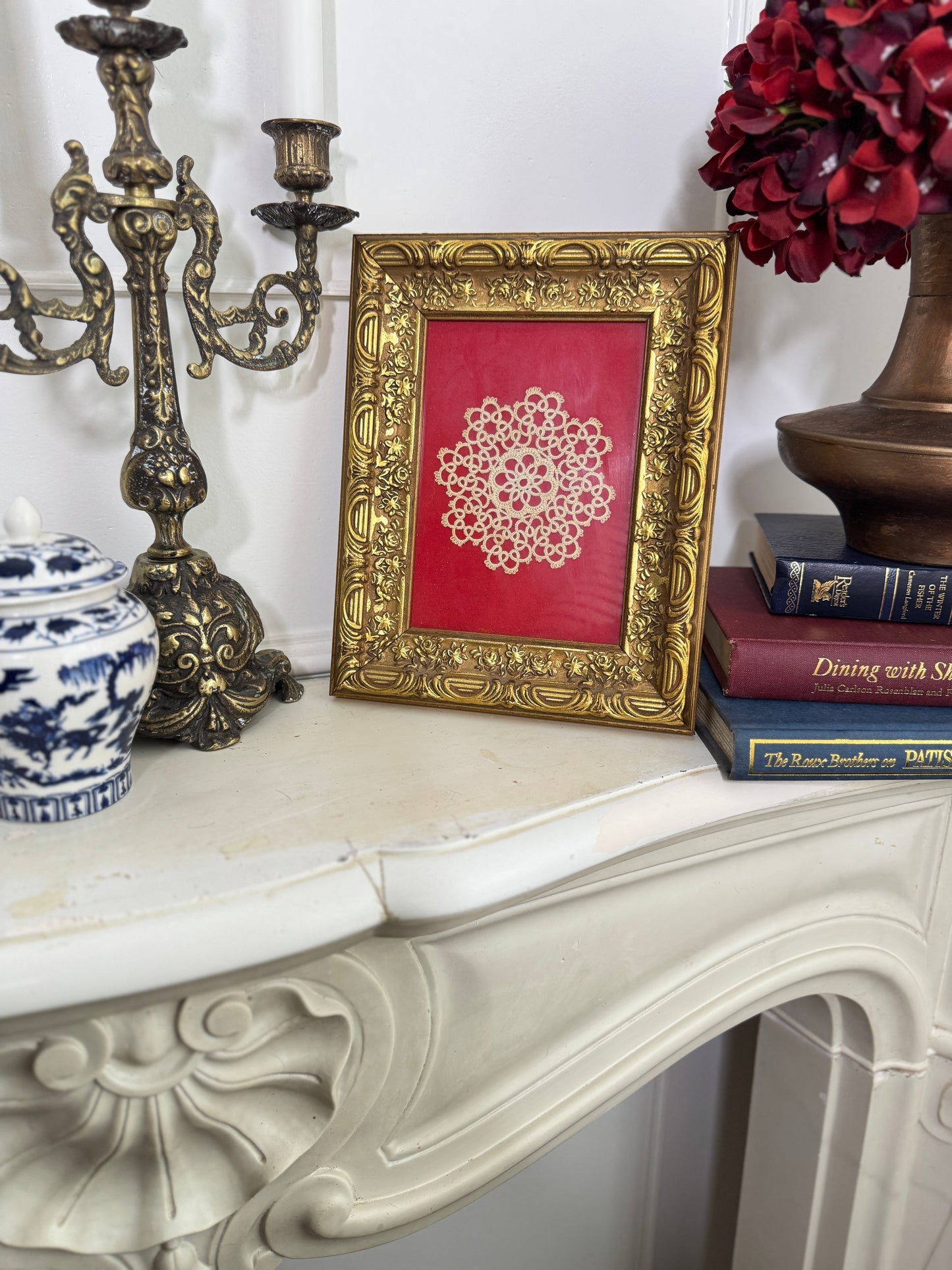Vintage Handmade Crochet Artwork in a Gold Gilt Frame