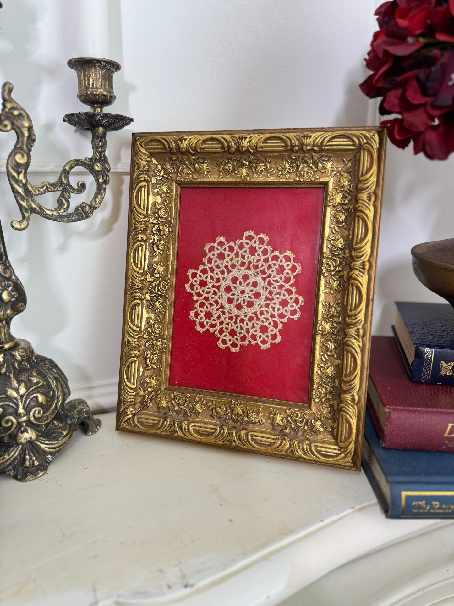 Vintage Handmade Crochet Artwork in a Gold Gilt Frame