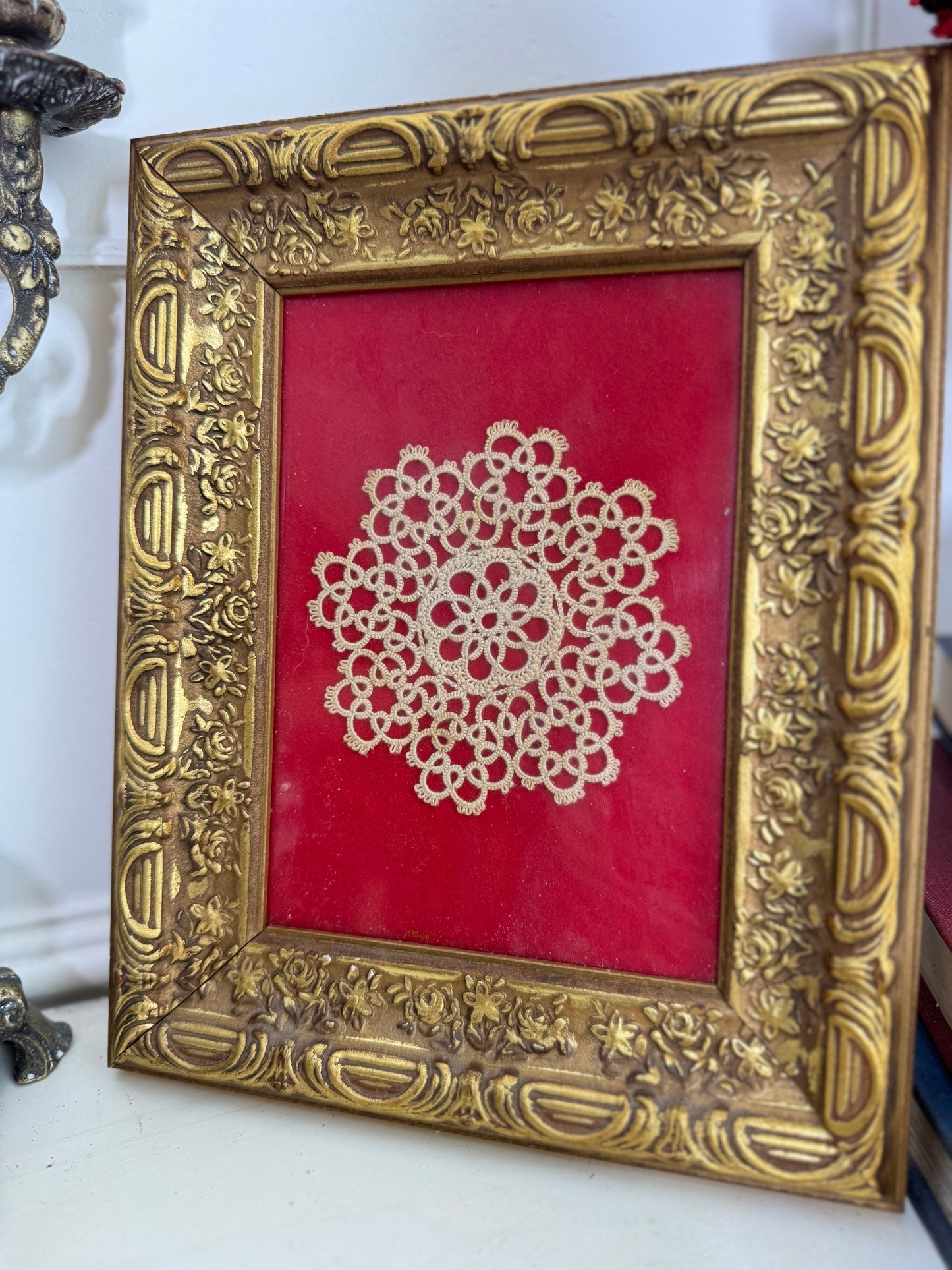 Vintage Handmade Crochet Artwork in a Gold Gilt Frame