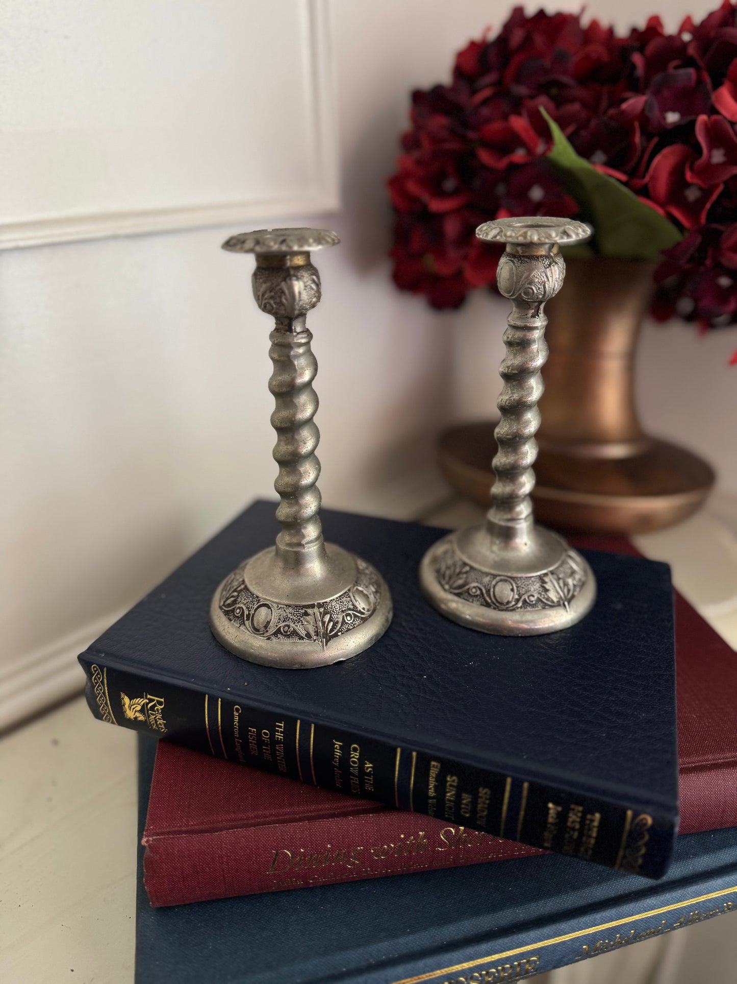 Vintage Pair Of White Metal Candlestick Holders Made in England